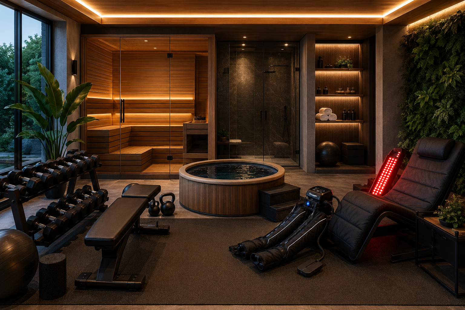 Luxurious home wellness space featuring a modern wooden sauna, cold plunge tub, recovery lounge chair with red light therapy, fitness equipment, massage recovery tools, and natural greenery in a high-end spa-inspired home gym setting.