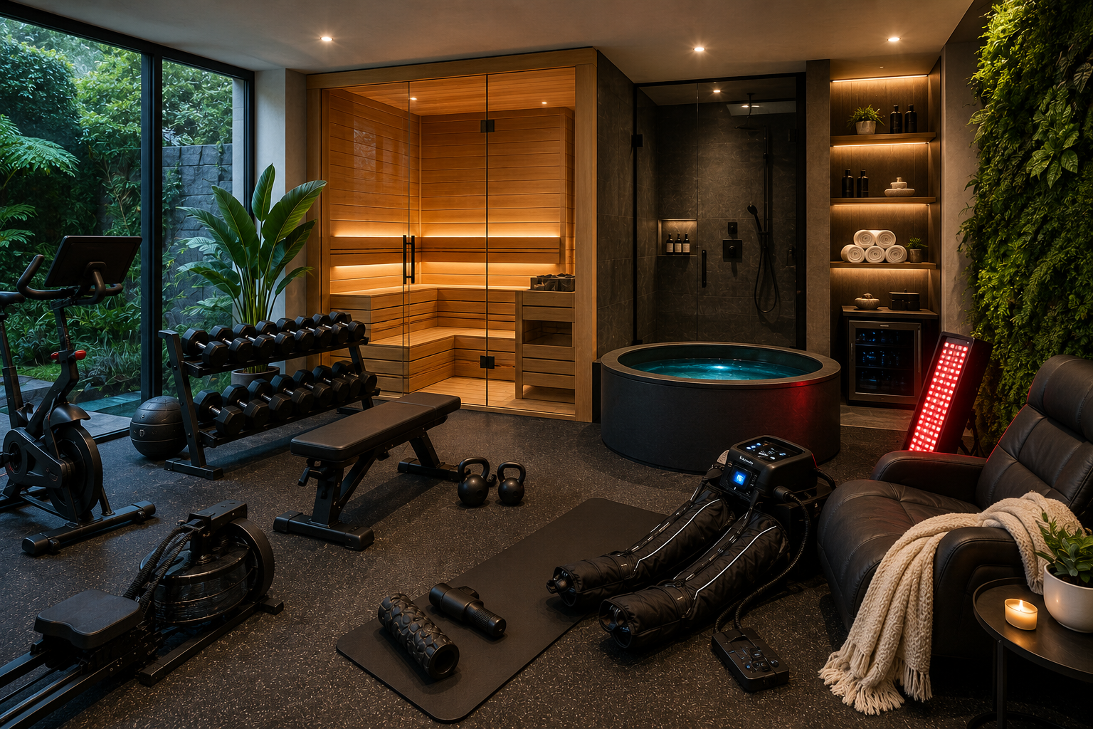 Modern luxury home wellness room featuring a wooden sauna, cold plunge tub, fitness equipment, recovery tools, red light therapy panel, and spa-inspired décor designed for relaxation, health, and full-body recovery.