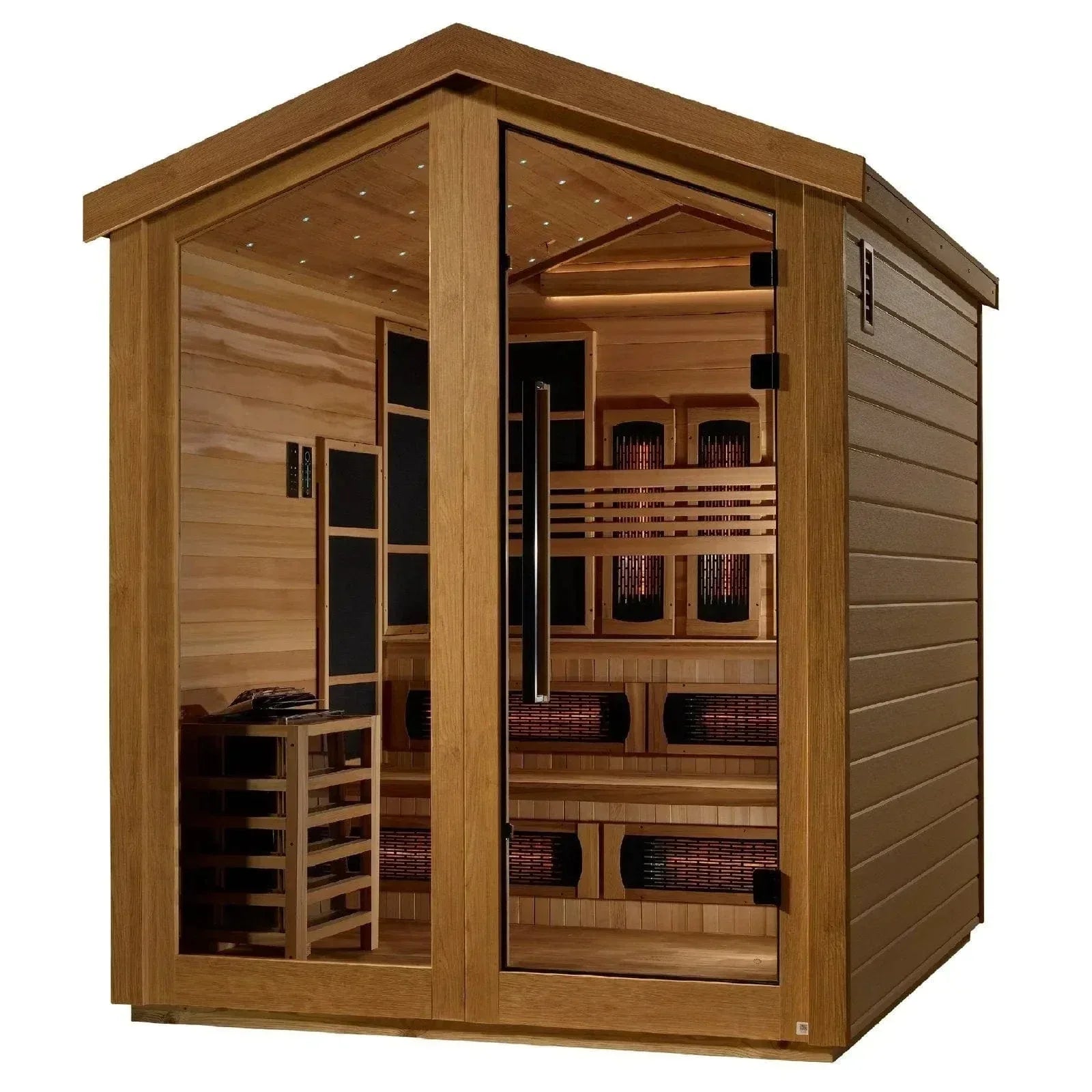 Golden Designs Kaskinen GDI-8526-01 6-person hybrid outdoor sauna cabin with all-weather exterior and Canadian Red Cedar interior