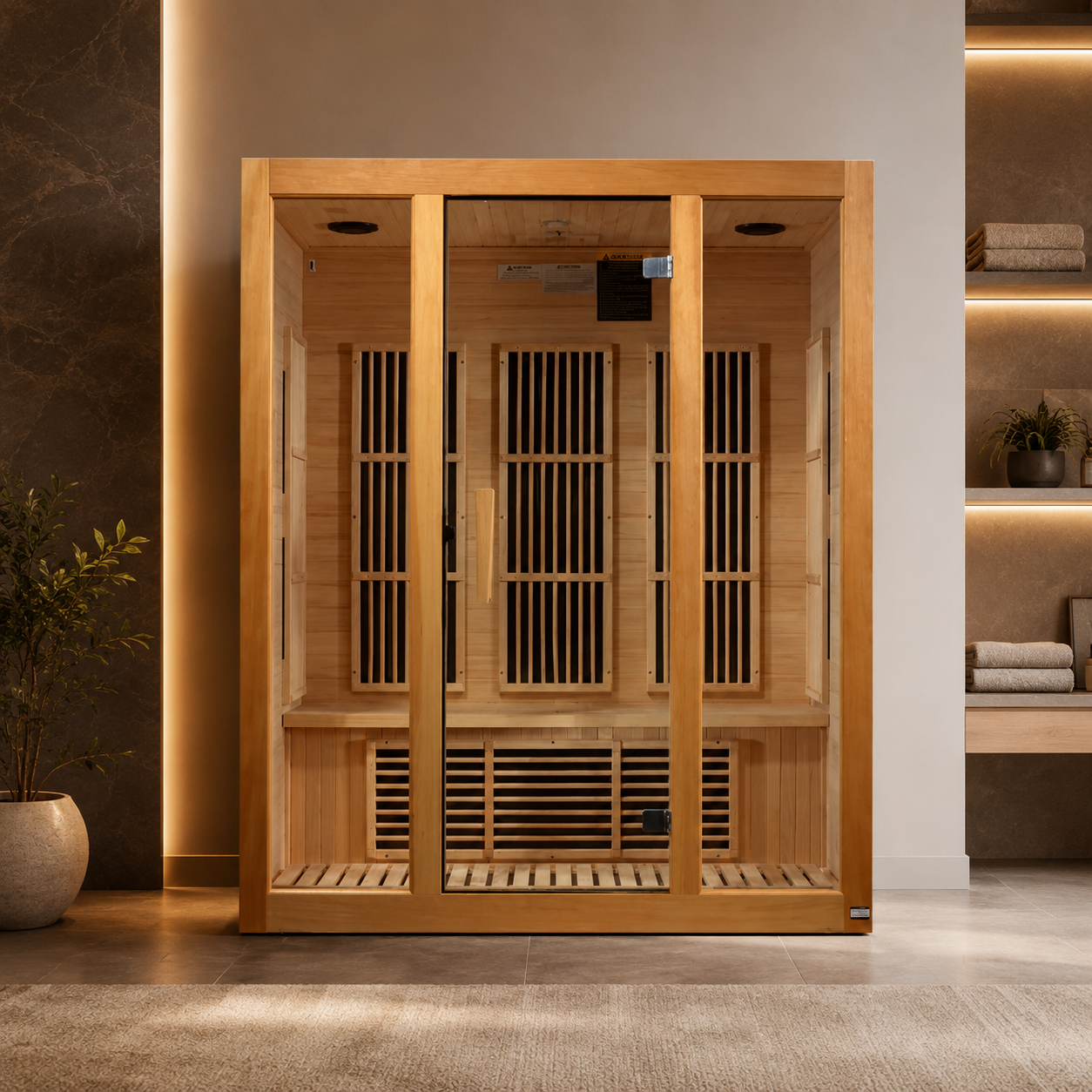 Discover the Maxxus Bellevue 3 Person Near Zero EMF Infrared Sauna with Canadian Hemlock, PureTech™ heating, and wellness features.