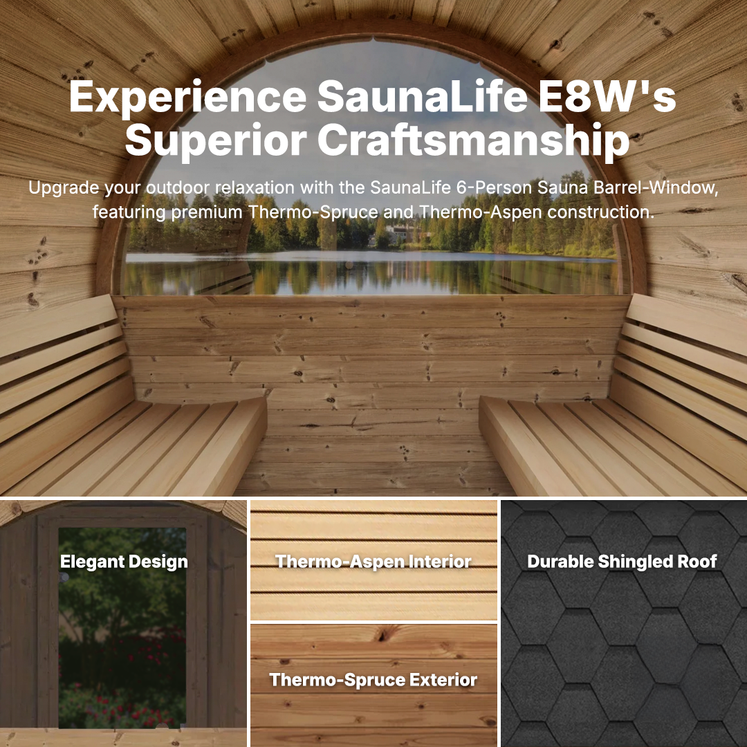 Premium SaunaLife E8W barrel sauna with panoramic rear window, curved benches, and high-quality Thermo-Spruce wood for outdoor spa experience