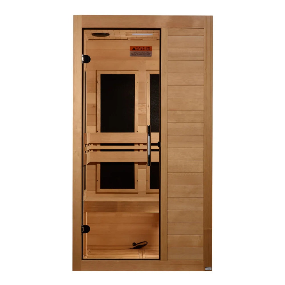 DYN-6115-05 Elite Dynamic Veneto 1–2 Person Infrared Sauna with ultra low EMF FAR infrared heating, crafted from natural Canadian Hemlock wood for compact home wellness, relaxation, and recovery