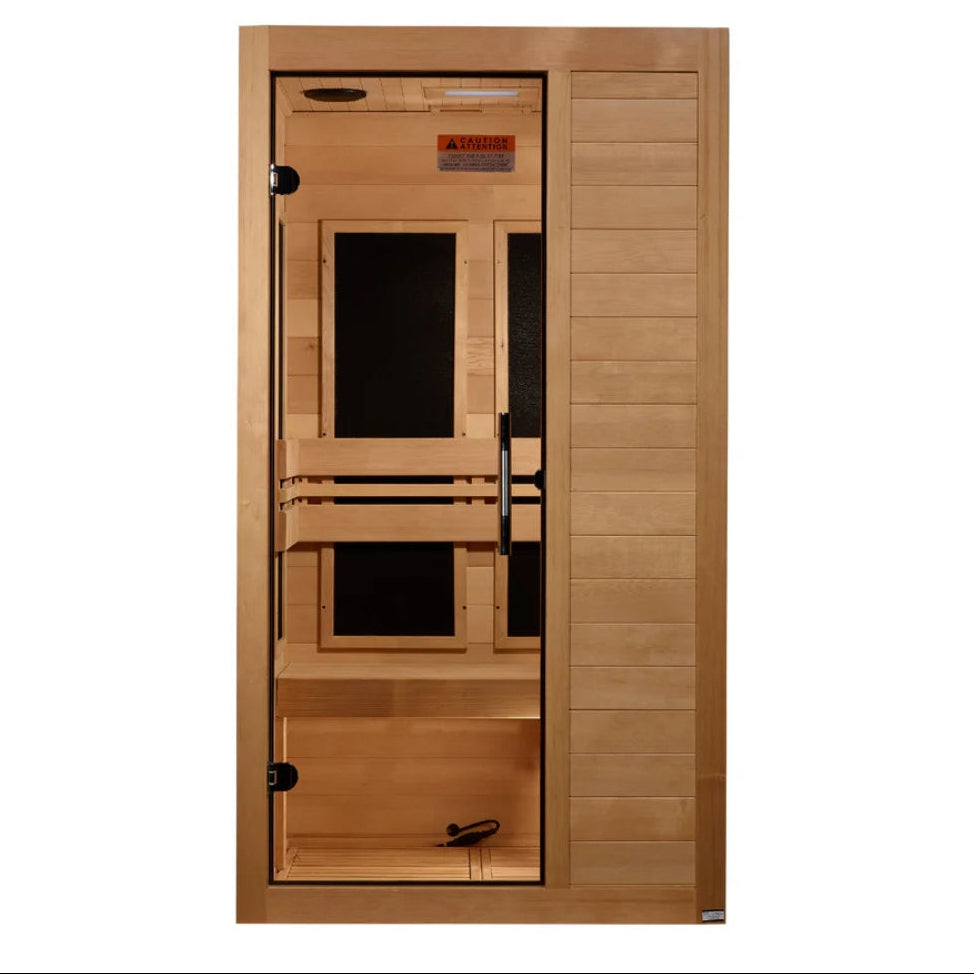 DYN-6115-05 Elite Dynamic Veneto 1–2 Person Infrared Sauna with ultra low EMF FAR infrared heating, crafted from natural Canadian Hemlock wood for compact home wellness, relaxation, and recovery