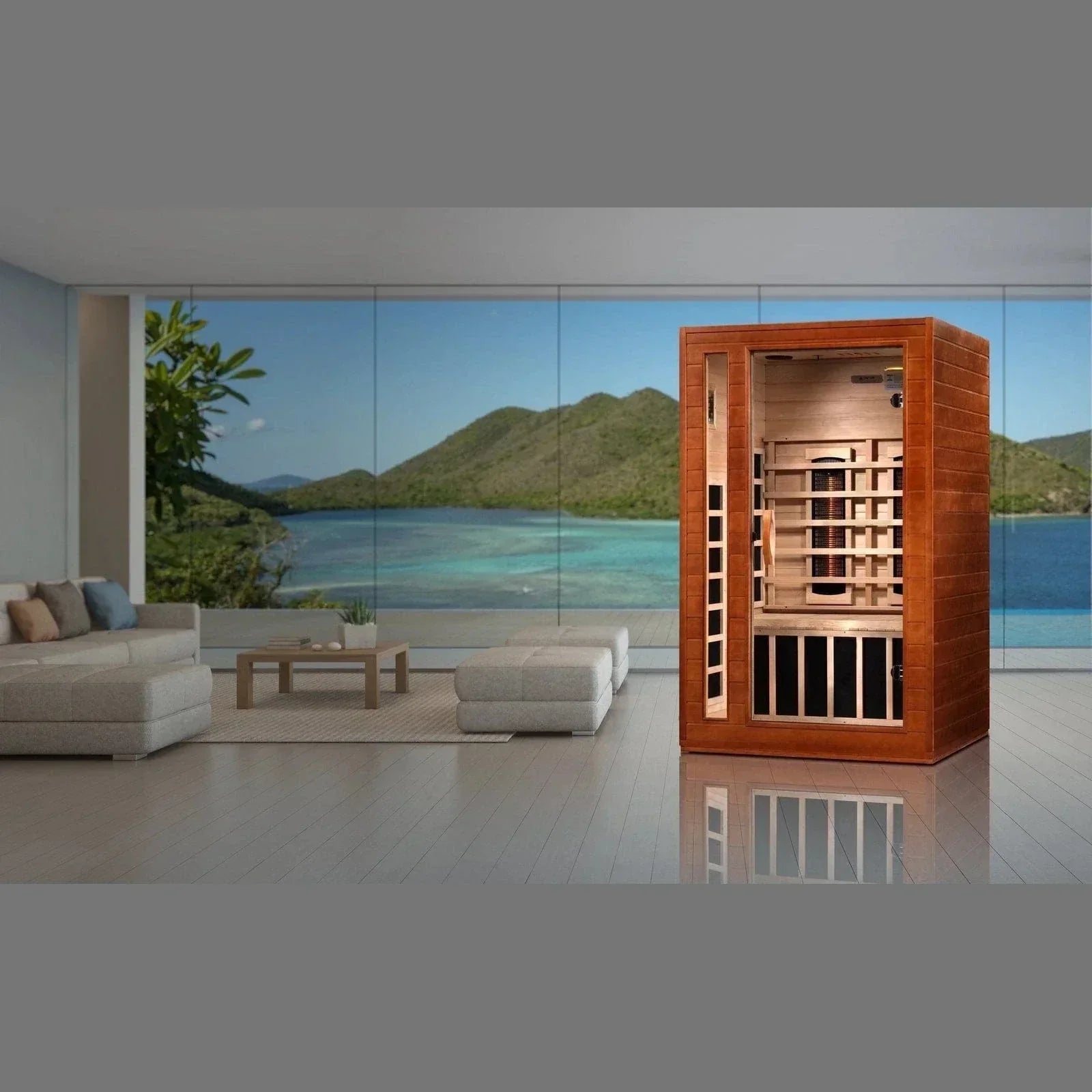 Dynamic Cordoba indoor infrared sauna for two people, built with Canadian Hemlock wood, full spectrum heat therapy, and near zero EMF wellness performance. DYN-6203-02