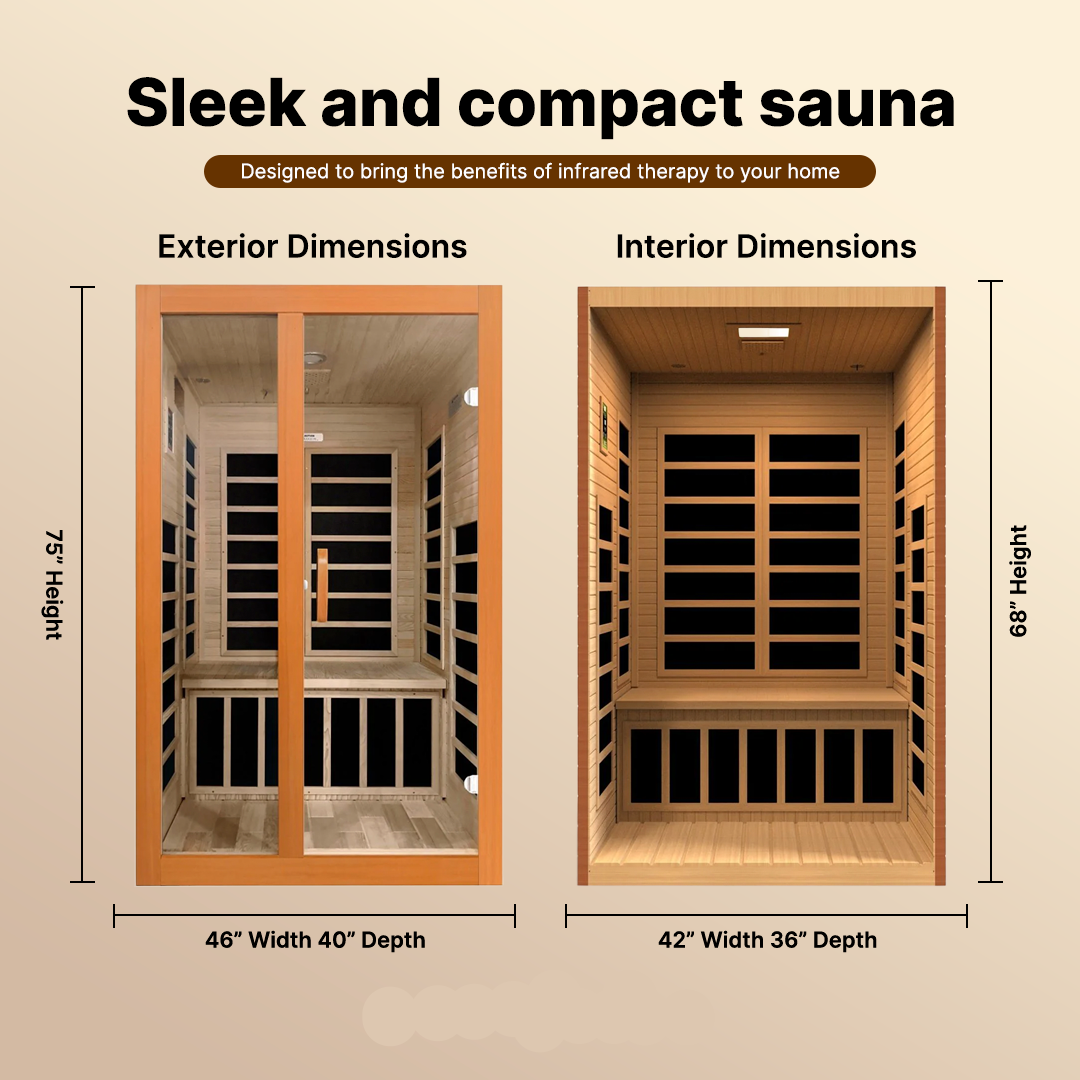 Dynamic Santiago Elite 2-person infrared sauna interior featuring ergonomic seating, Canadian Hemlock wood finish, and spacious compact design for home wellness DYN-6209-02