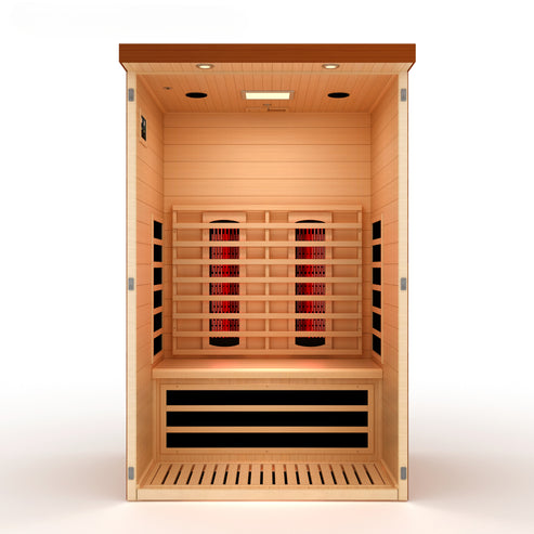 Dynamic Llumeneres 2-Person Full Spectrum Near Zero EMF Infrared Sauna crafted with natural Canadian hemlock wood and advanced heating system for home wellness