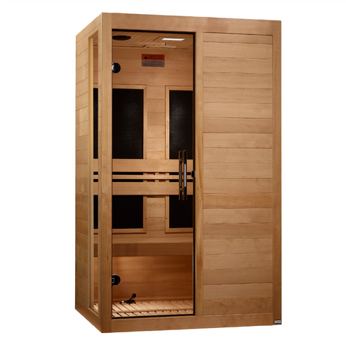 DYN-6215-05 Dynamic Lucca 2-Person Infrared Sauna with ultra low EMF FAR infrared heating, crafted from Canadian Hemlock wood for a modern, space-efficient home wellness and relaxation experience.