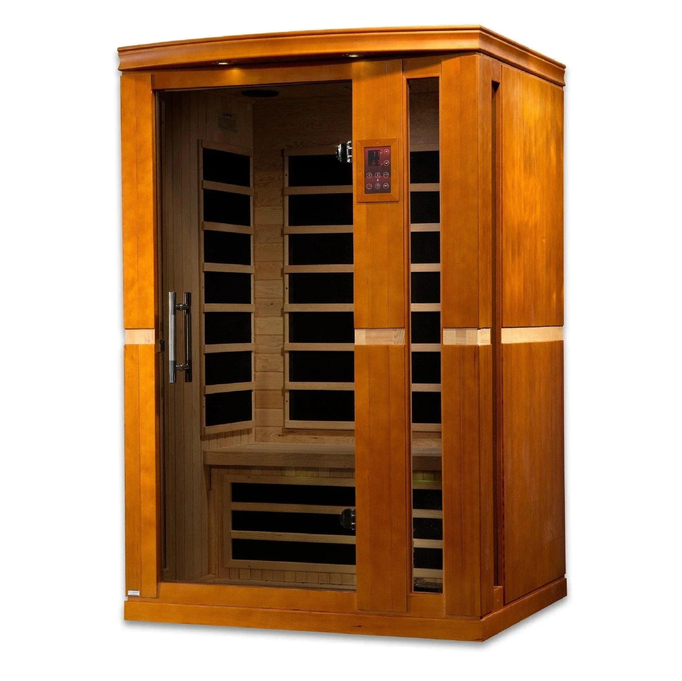 Dynamic Vittoria DYN-6220-01 2-person low EMF FAR infrared sauna made from Canadian hemlock wood with Bluetooth audio and chromotherapy lighting for home wellness use