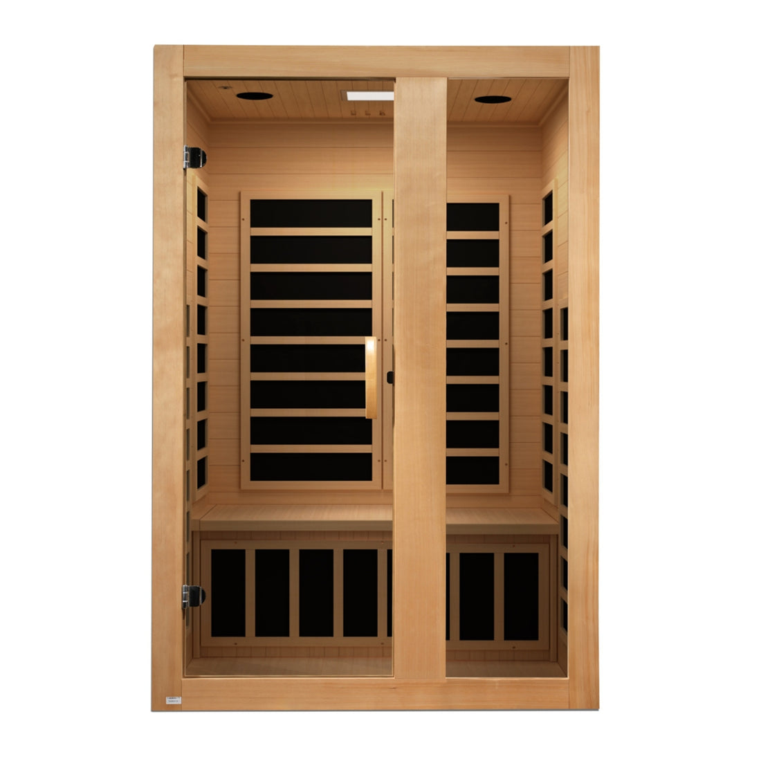 DYN-6229-01 Elite Dynamic Serena 2-Person Infrared Sauna with ultra low EMF FAR infrared heating, crafted from Canadian Hemlock wood, compact indoor home sauna for relaxation and wellness therapy