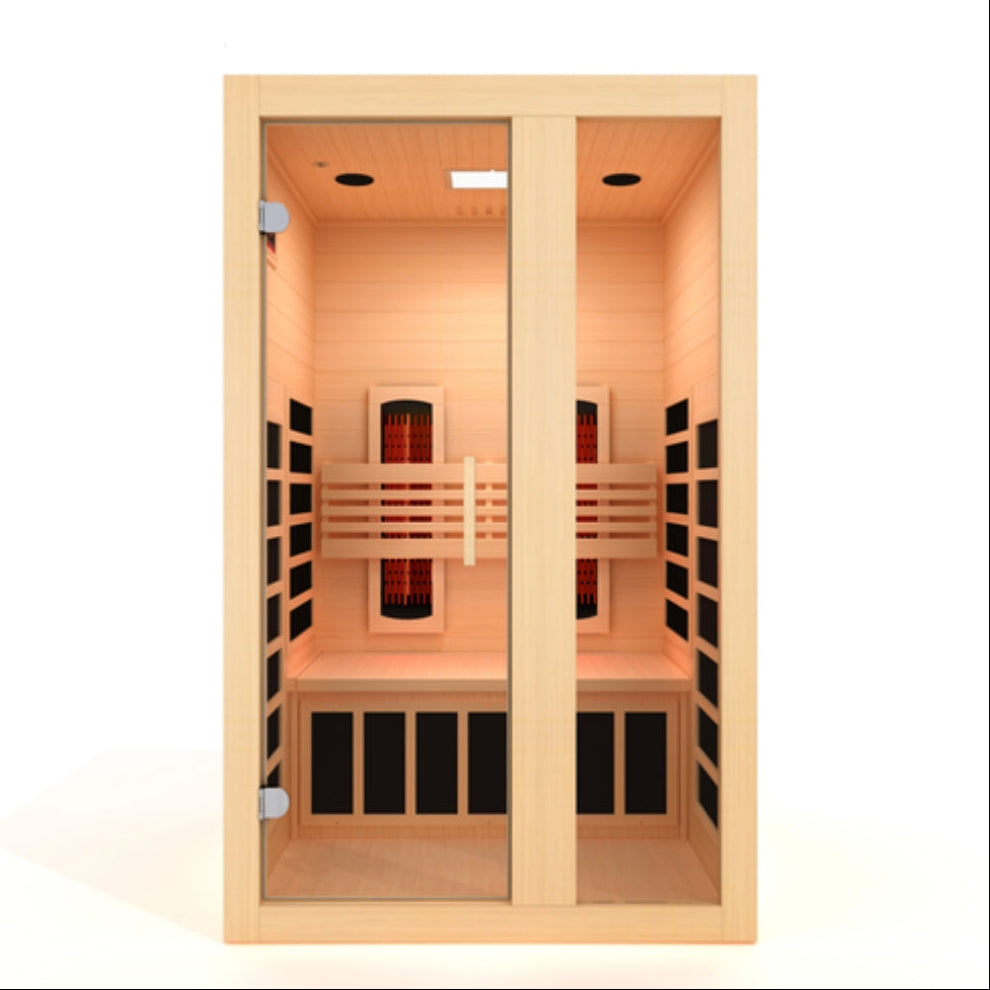 DYN-6229-03 Dynamic Serena 2-Person Full Spectrum Infrared Sauna with Canadian Hemlock wood construction, near-zero EMF heating, chromotherapy lighting, and advanced full-body infrared wellness therapy for home relaxation and detox.