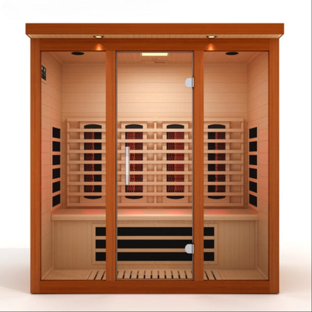 Dynamic Vila Grande 4-Person Full Spectrum Near Zero EMF Far Infrared Sauna DYN-6415-03 FS with Canadian Hemlock wood, spacious indoor design, chromotherapy lighting, Bluetooth audio system, and advanced full-body wellness heating technology.