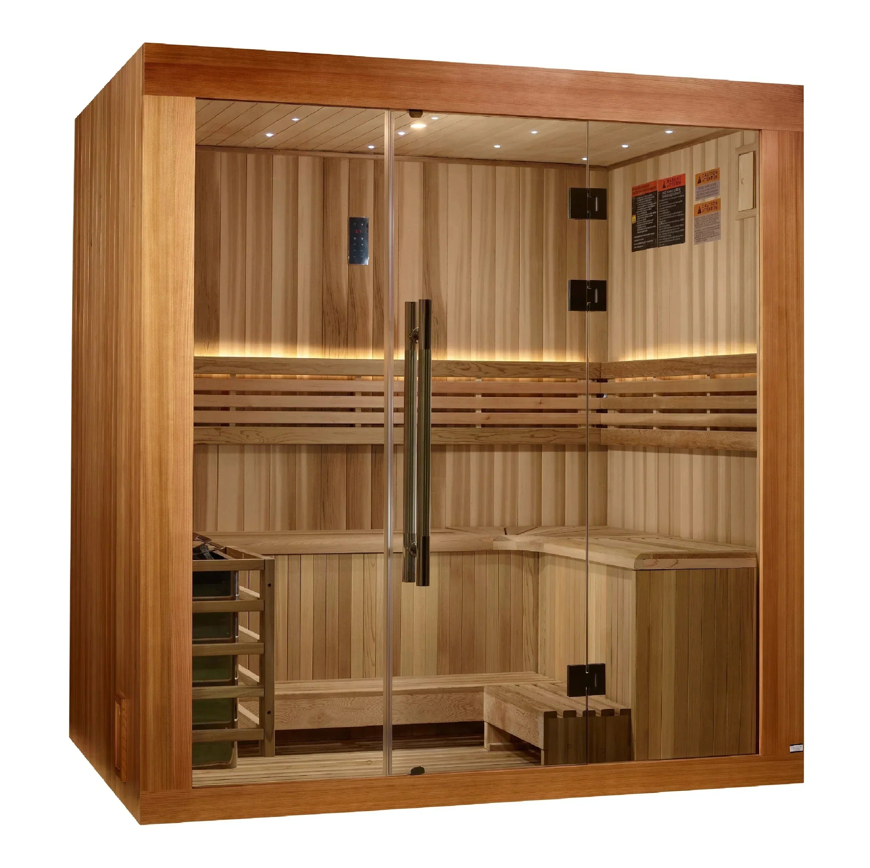 Golden Designs 2025 Copenhagen Edition 3-Person Traditional Sauna crafted with Canadian Red Cedar interior and Pacific Clear Cedar exterior for premium home wellness experience