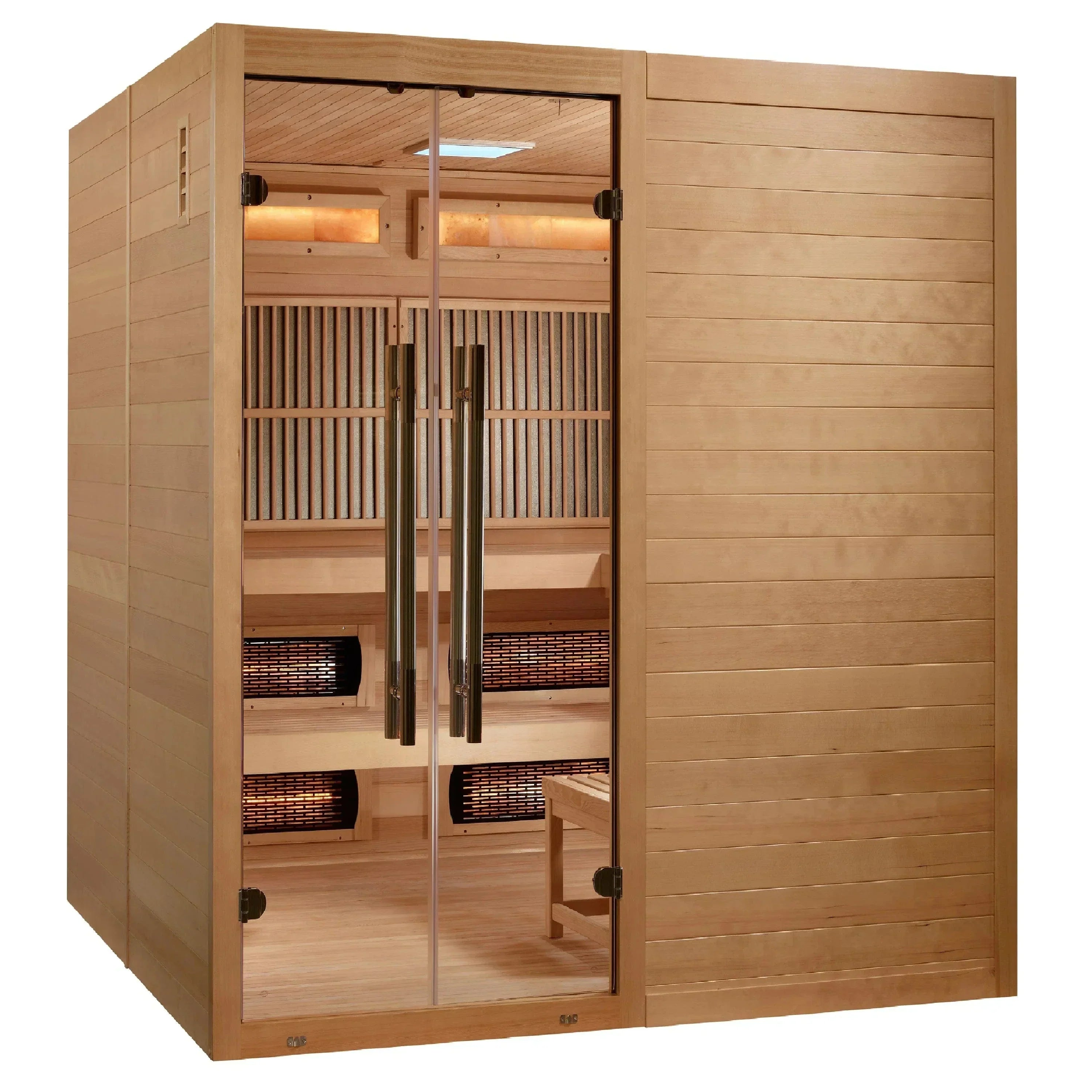 Golden Designs Toledo GDI-8360-01 6-person hybrid indoor sauna cabin crafted from natural Canadian Hemlock wood with wide glass frontage.