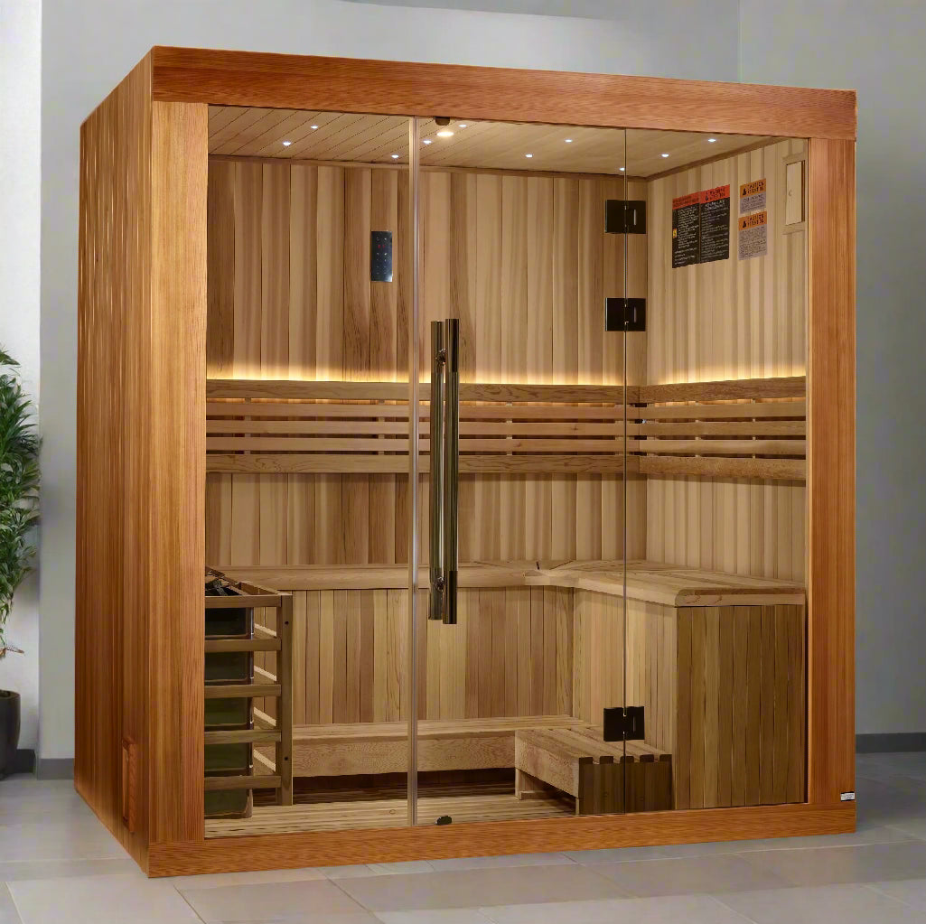 Compact 3-person traditional home sauna by Golden Designs Copenhagen Edition with natural cedar wood construction for relaxation and wellness