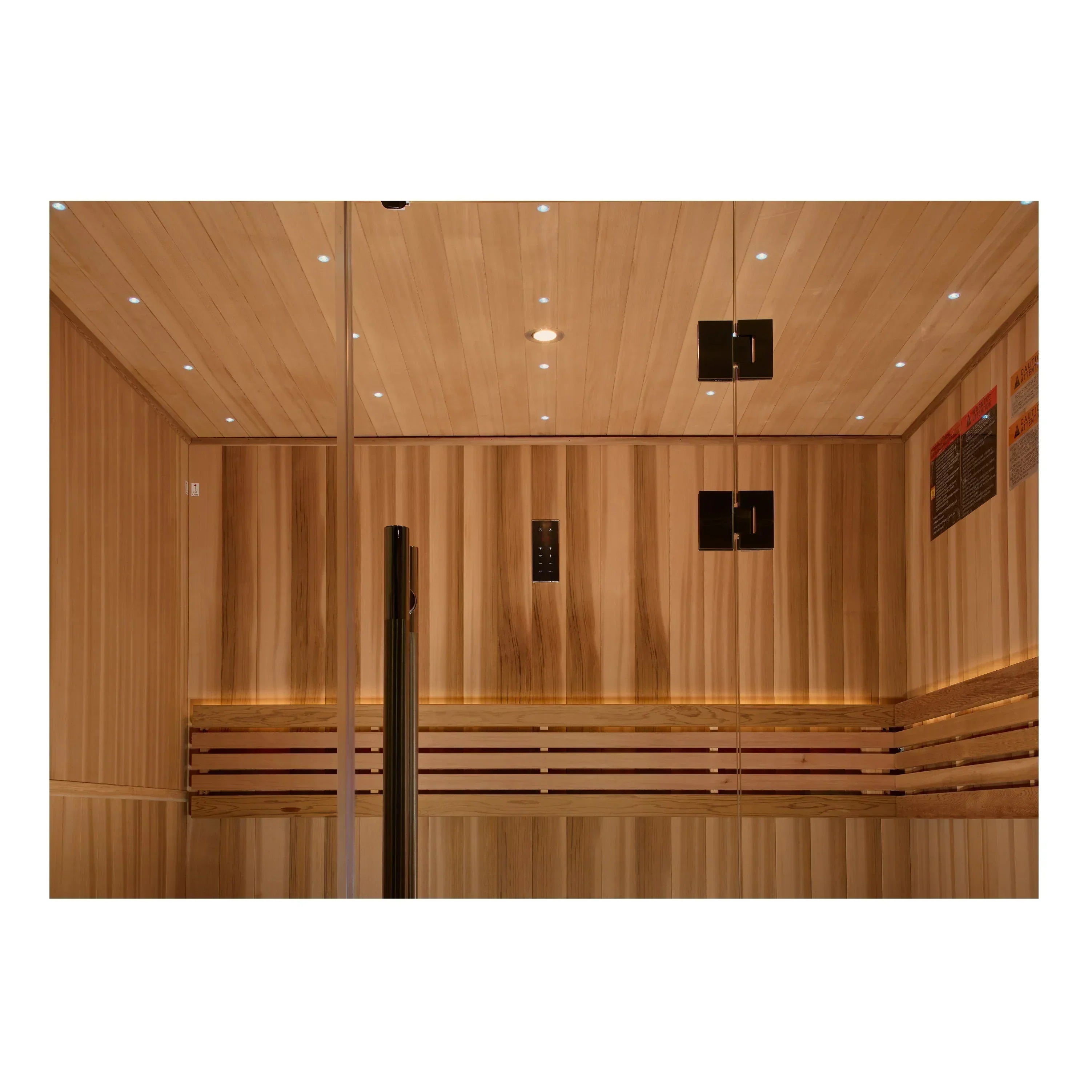 Golden Designs 2025 Copenhagen Edition 3-person traditional sauna cabin with a clear-stained Pacific Clear Cedar exterior and full glass front door.