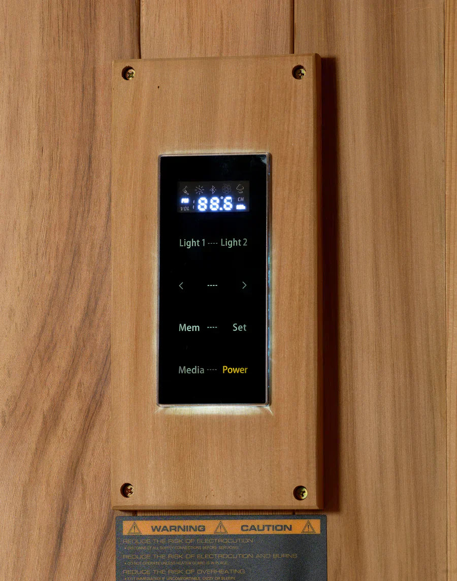 Close-up detail of the protective clear stain finish on Pacific Clear Cedar exterior panels of a Golden Designs traditional home sauna.
