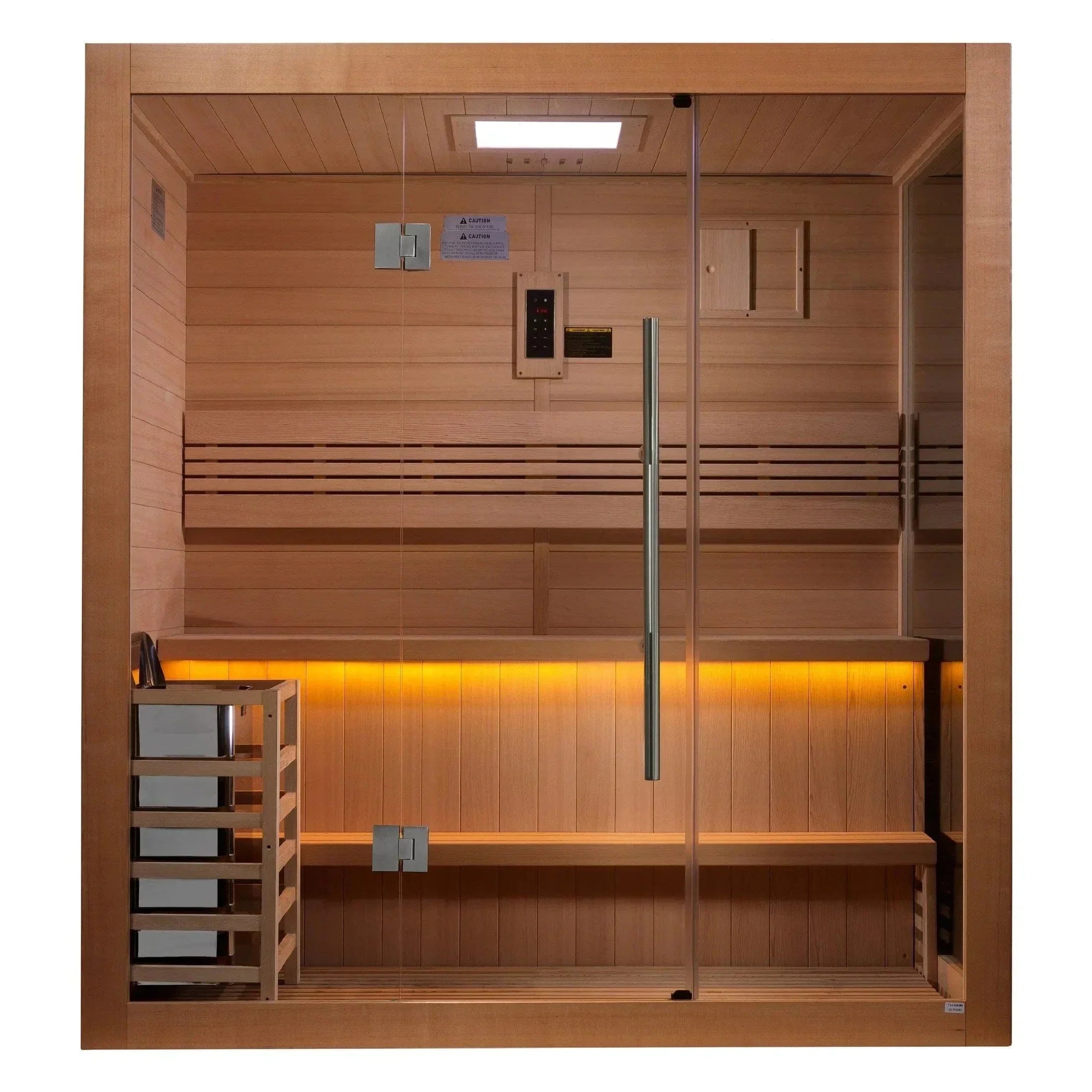 Golden Designs Forssa Edition 3 Person Indoor Traditional Sauna GDI-7203-01 natural wood home sauna with comfortable seating and traditional heating.