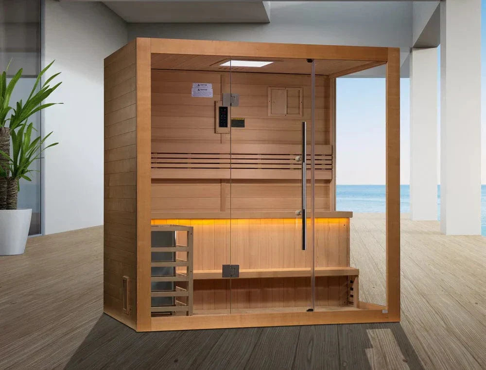 Three person Golden Designs Forssa Edition sauna designed for home wellness, relaxation, and heat therapy.