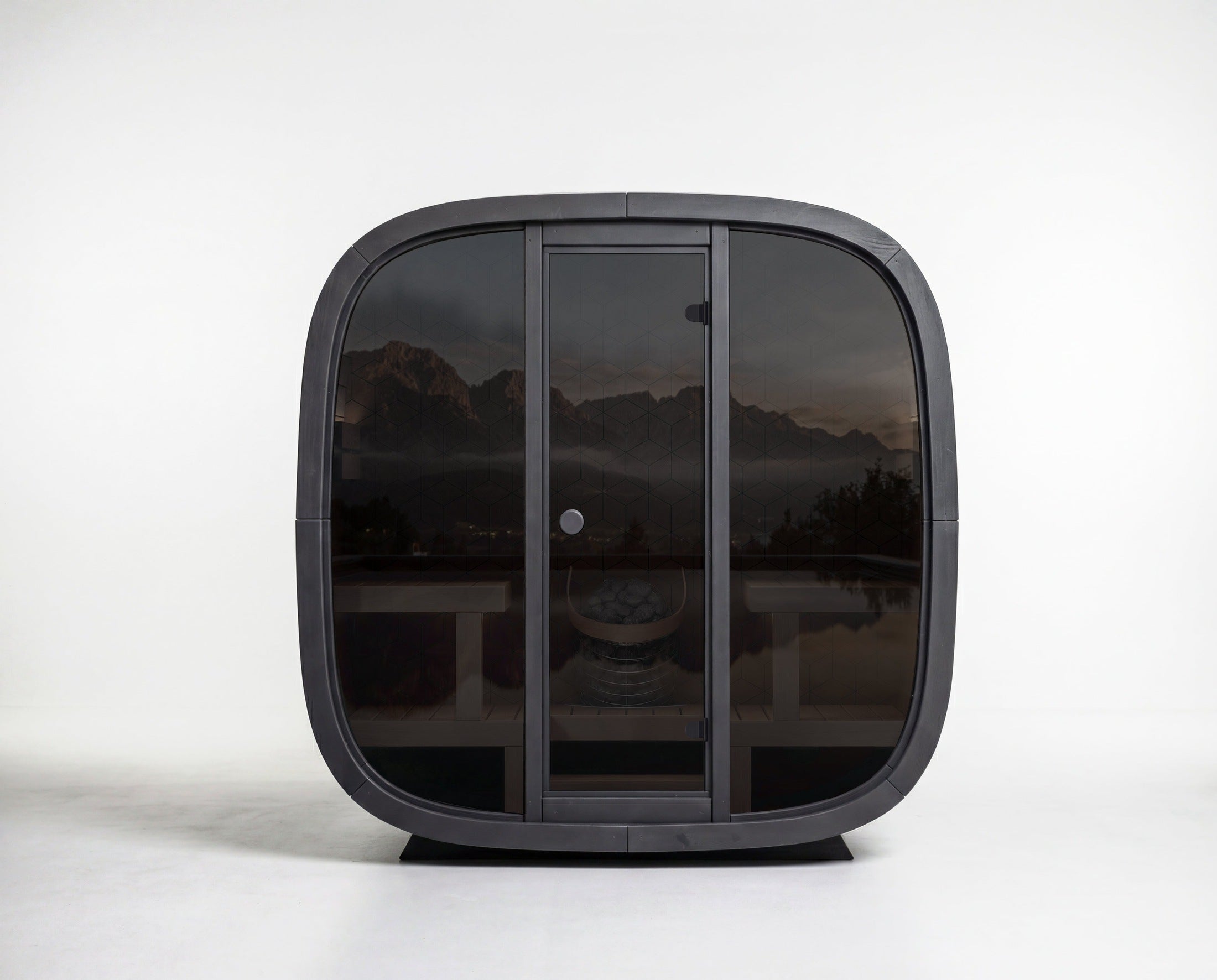 LEIL-BC-4 Leil Black Cube Premium 4 Person Outdoor Traditional Sauna Kit – modern minimalist outdoor home sauna with upgraded interior finishes, compact luxury cedar wood wellness cabin