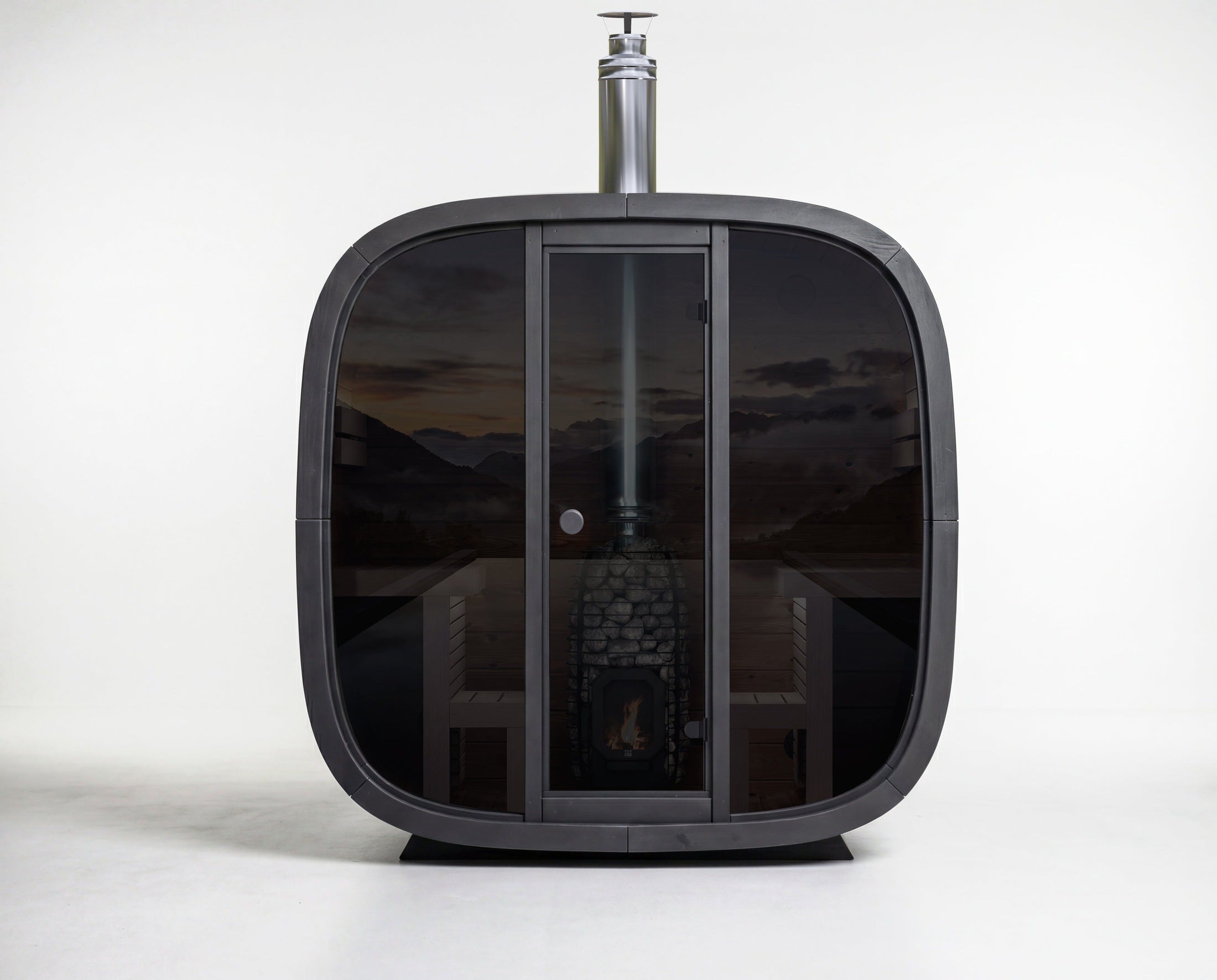 Leil Black Cube Comfort 6 Person Outdoor Sauna Kit in ThermoWood with Modern Black Design, Spacious Social Seating and Premium Backyard Wellness Retreat