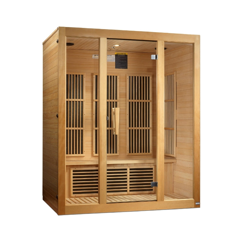 Maxxus Bellevue 3-Person Near Zero EMF FAR Infrared Sauna crafted from Canadian Hemlock wood, offering spacious indoor design and full-body infrared heat therapy for home wellness and relaxation. MX-J306-01-ZF