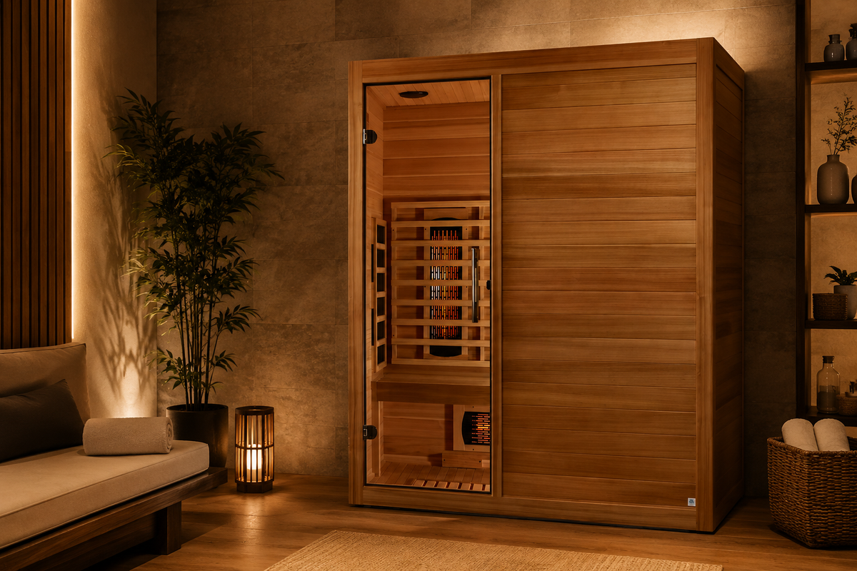 Golden Designs Maxxus 3-person infrared sauna interior with Pacific cedar wood and infrared heating panels