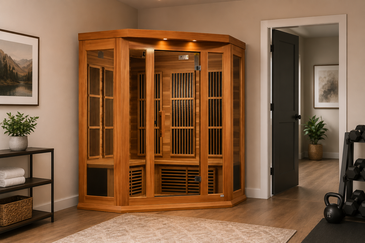 Golden Designs Maxxus 3-person corner near zero EMF FAR infrared sauna with Canadian red cedar interior, tempered glass door, nine carbon heating panels, and Bluetooth speakers
