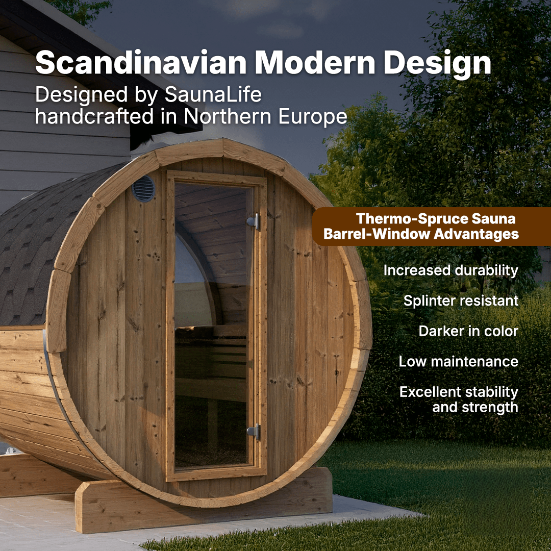 SaunaLife Model E7W barrel sauna with window, durable outdoor sauna built for home spa relaxation, natural wood finish, and high performance heating