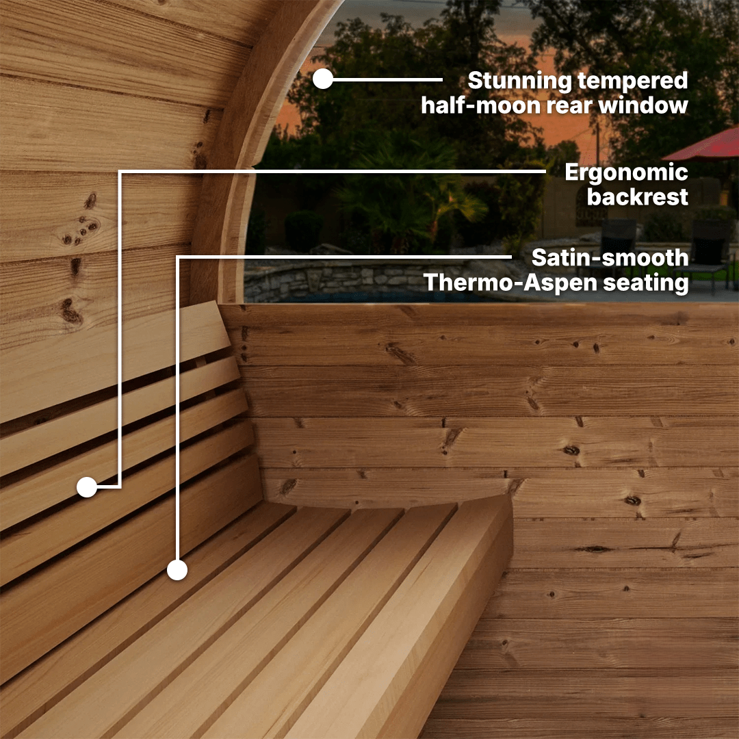SaunaLife E7W ERGO-Series barrel sauna with window, modern outdoor sauna cabin designed for comfort, wellness recovery, and backyard spa experience