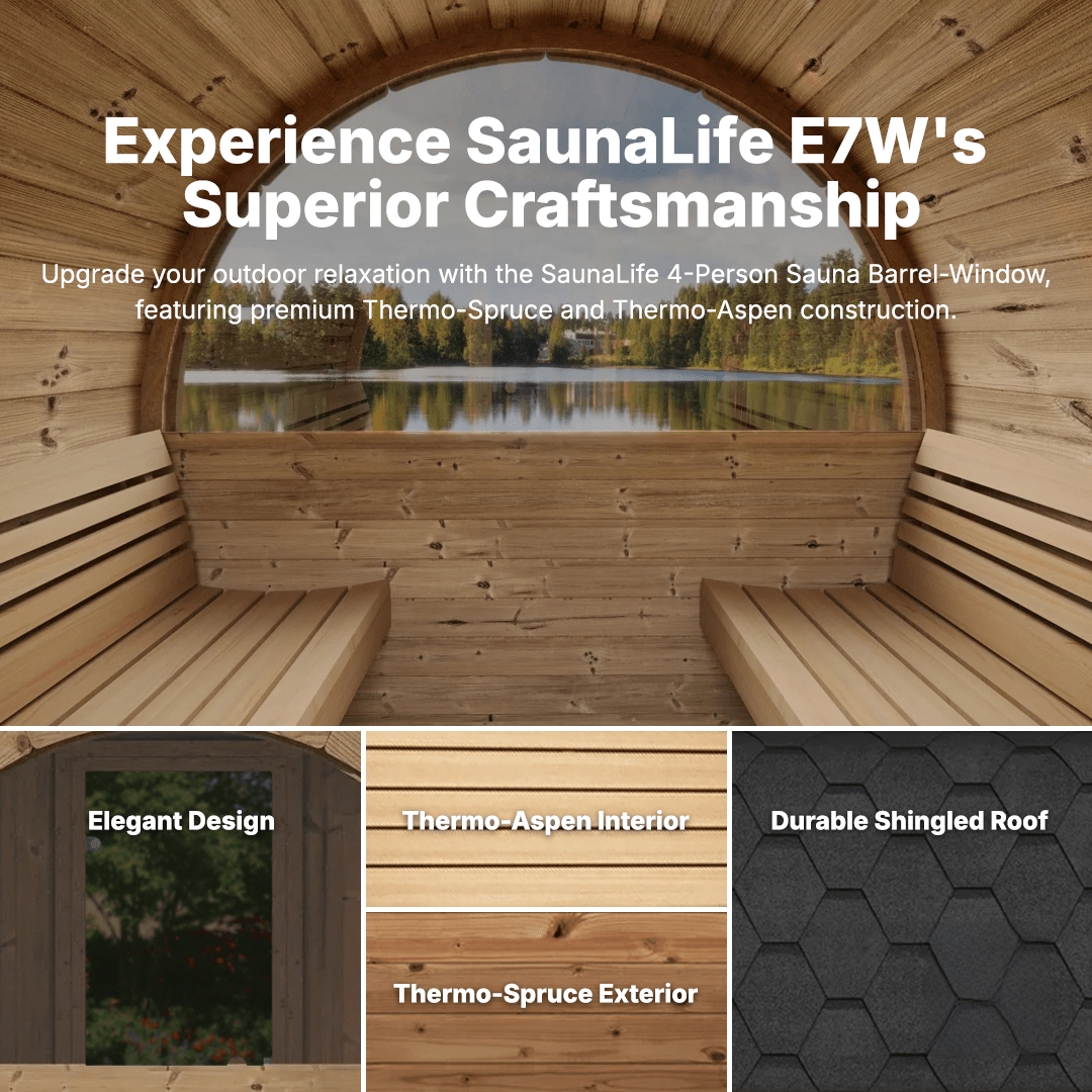SaunaLife Model E7W outdoor barrel sauna with window, premium ergonomic sauna for home use, relaxation therapy, and durable craftsmanship