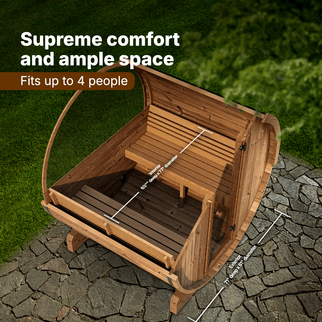 SaunaLife Model E7W outdoor barrel sauna with window, high-end sauna cabin designed for comfort, durability, and full-body relaxation experience