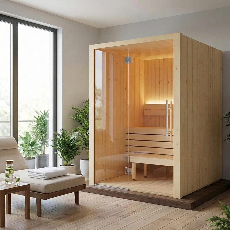 SaunaLife Model X2 1–2 person indoor traditional sauna kit with Nordic Spruce walls, Aspen benches, full glass front, and LED lighting