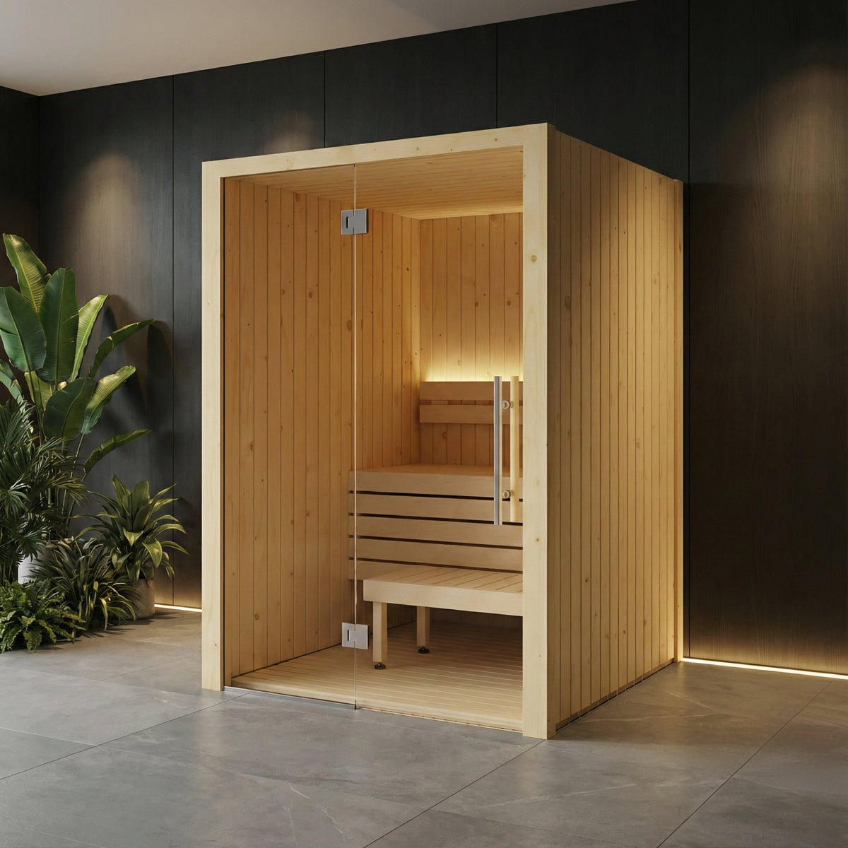 SaunaLife Model X2 1–2 person indoor traditional sauna kit with Nordic Spruce walls, Aspen benches, full glass front, and LED lighting