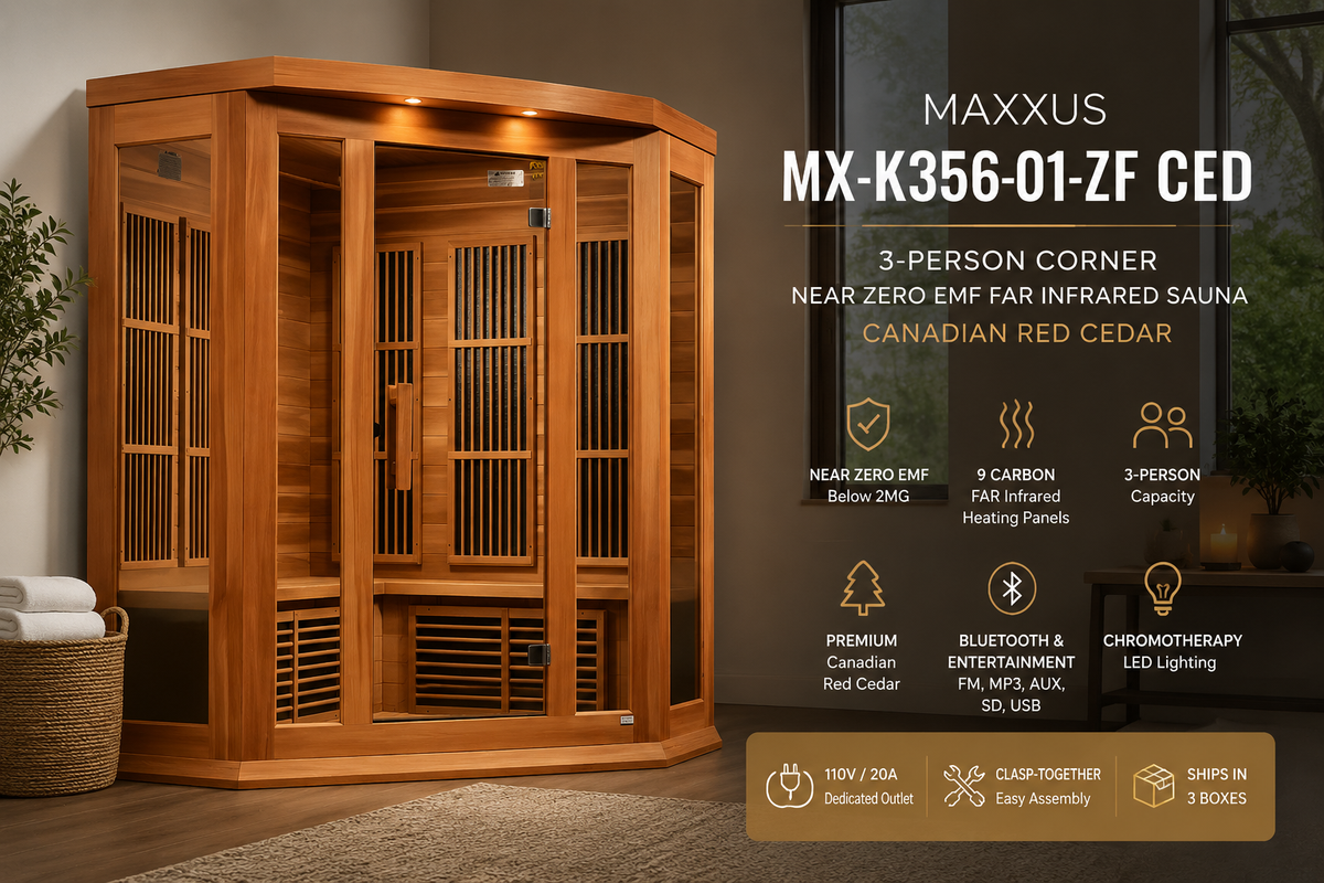 Golden Designs Maxxus MX-K356-01-ZF CED 3-person corner near zero EMF FAR infrared sauna with Canadian red cedar construction, chromotherapy lighting, and Bluetooth audio