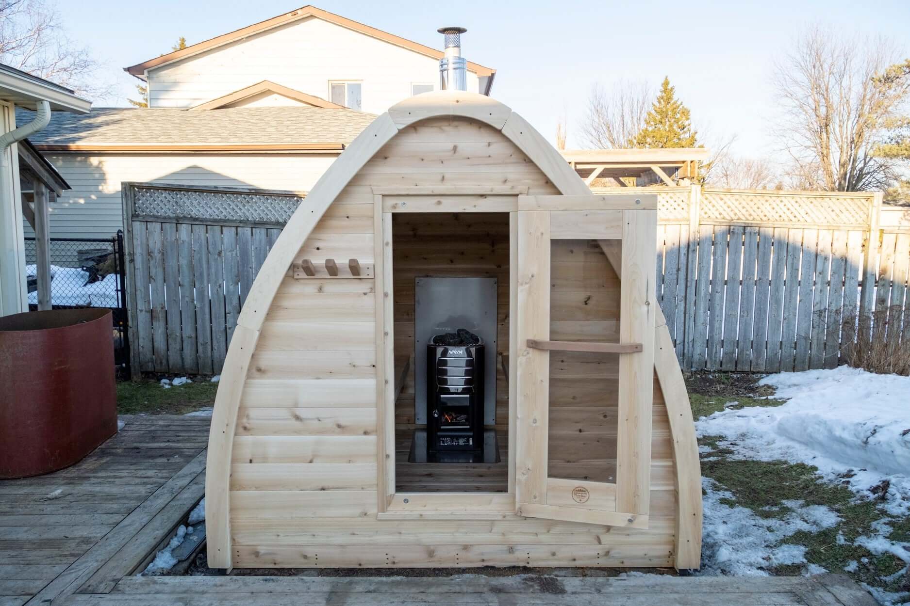 Dundalk Leisure CT MiniPOD 7x7 ft outdoor sauna made from Eastern White Cedar
