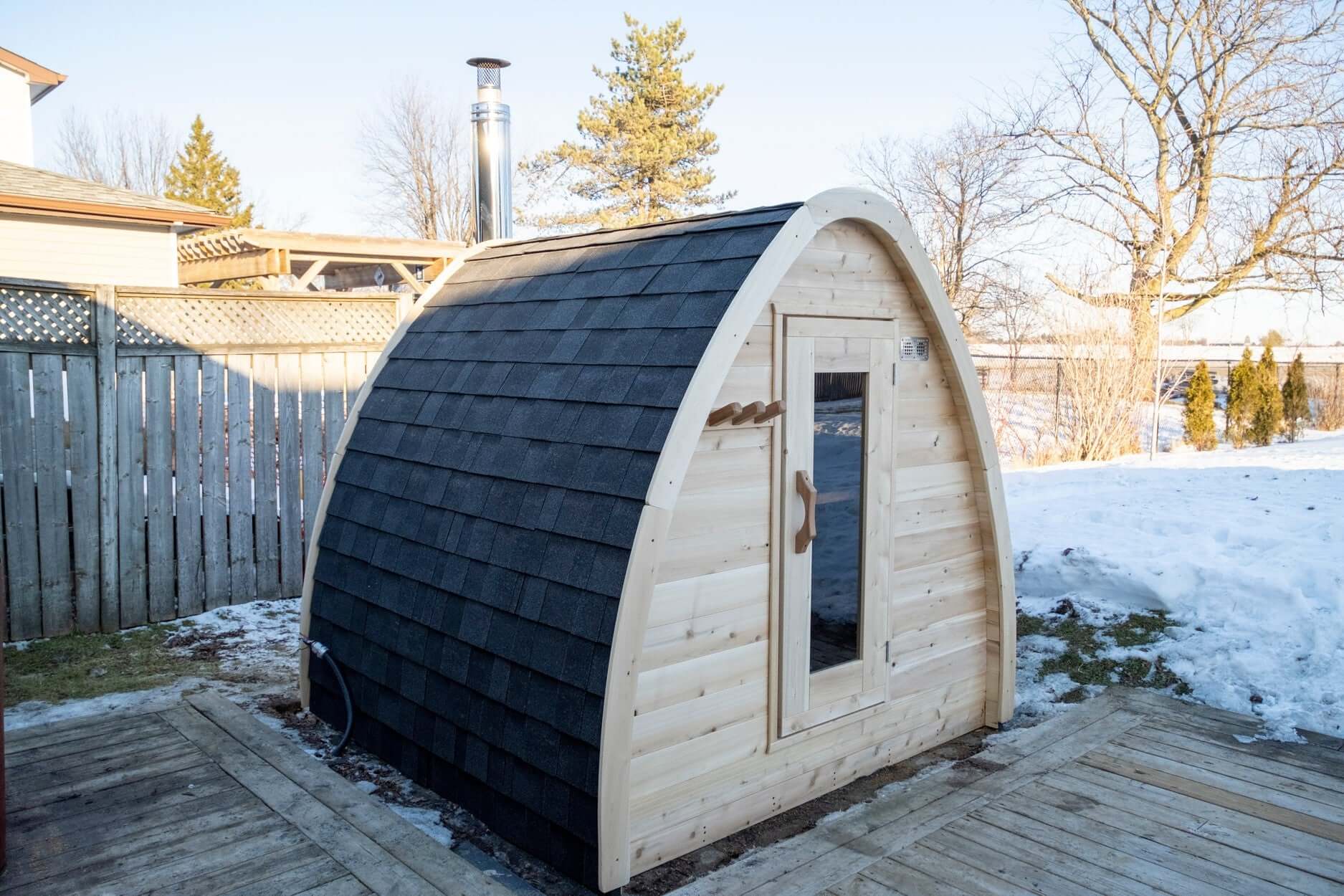 Canadian Timber MiniPOD Sauna CTC77MW backyard cedar sauna cabin