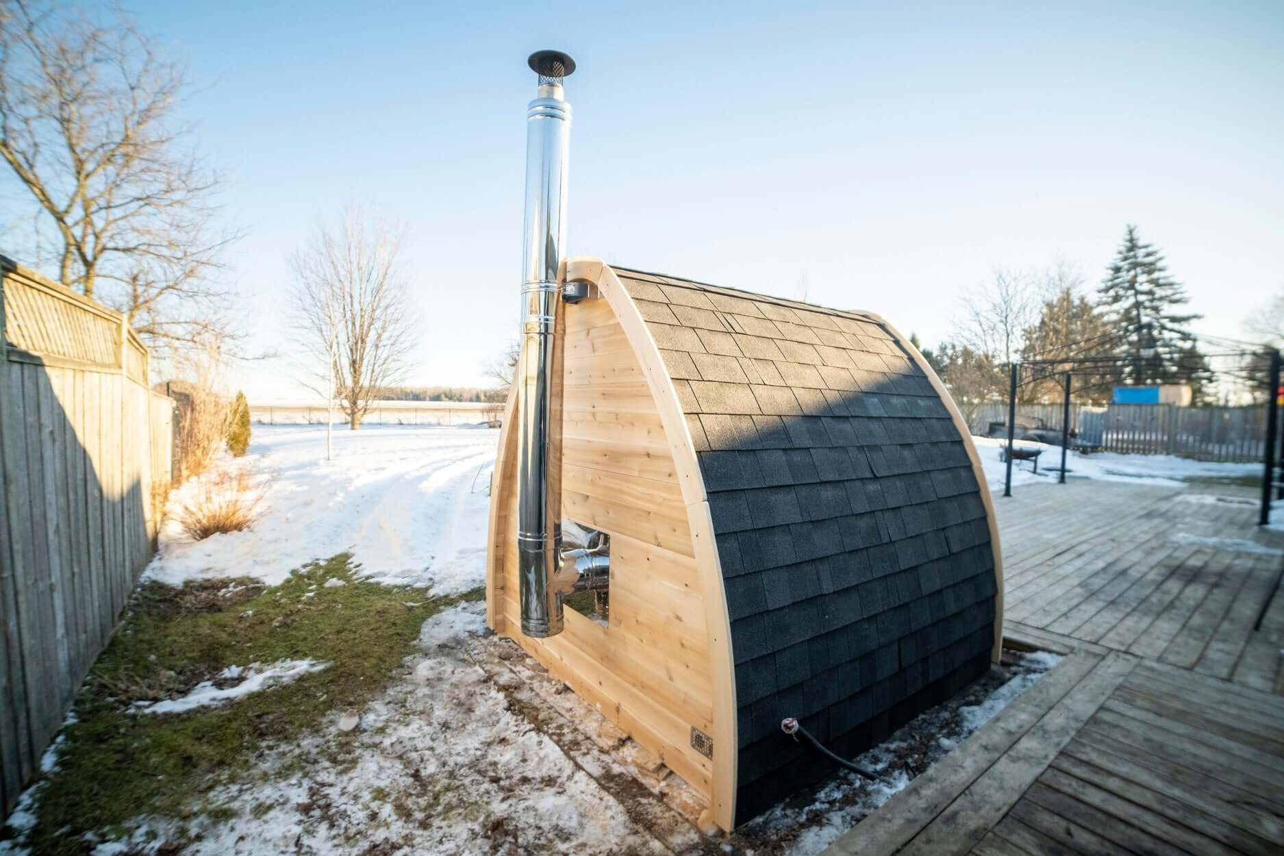 Canadian Timber MiniPOD CTC77MW backyard sauna with Eastern White Cedar finish