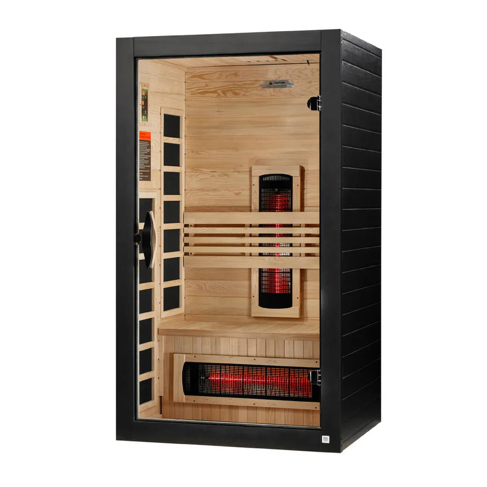Dynamic Santorini 1-2 Person Full Spectrum Near Zero EMF FAR Infrared Sauna DYN-6009-03 FS displayed in a home spa setting.