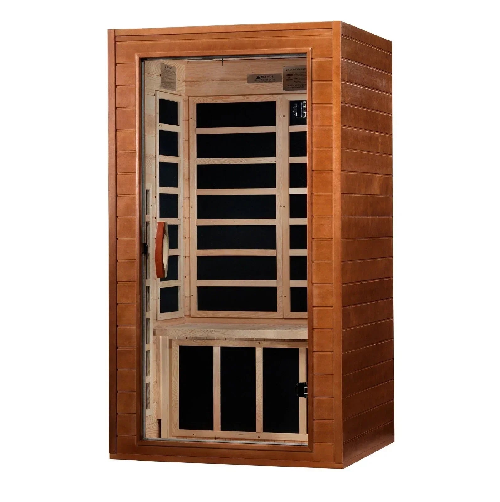 Close-up inside Dynamic Avila sauna highlighting comfortable 1–2 person seating and wellness-focused design