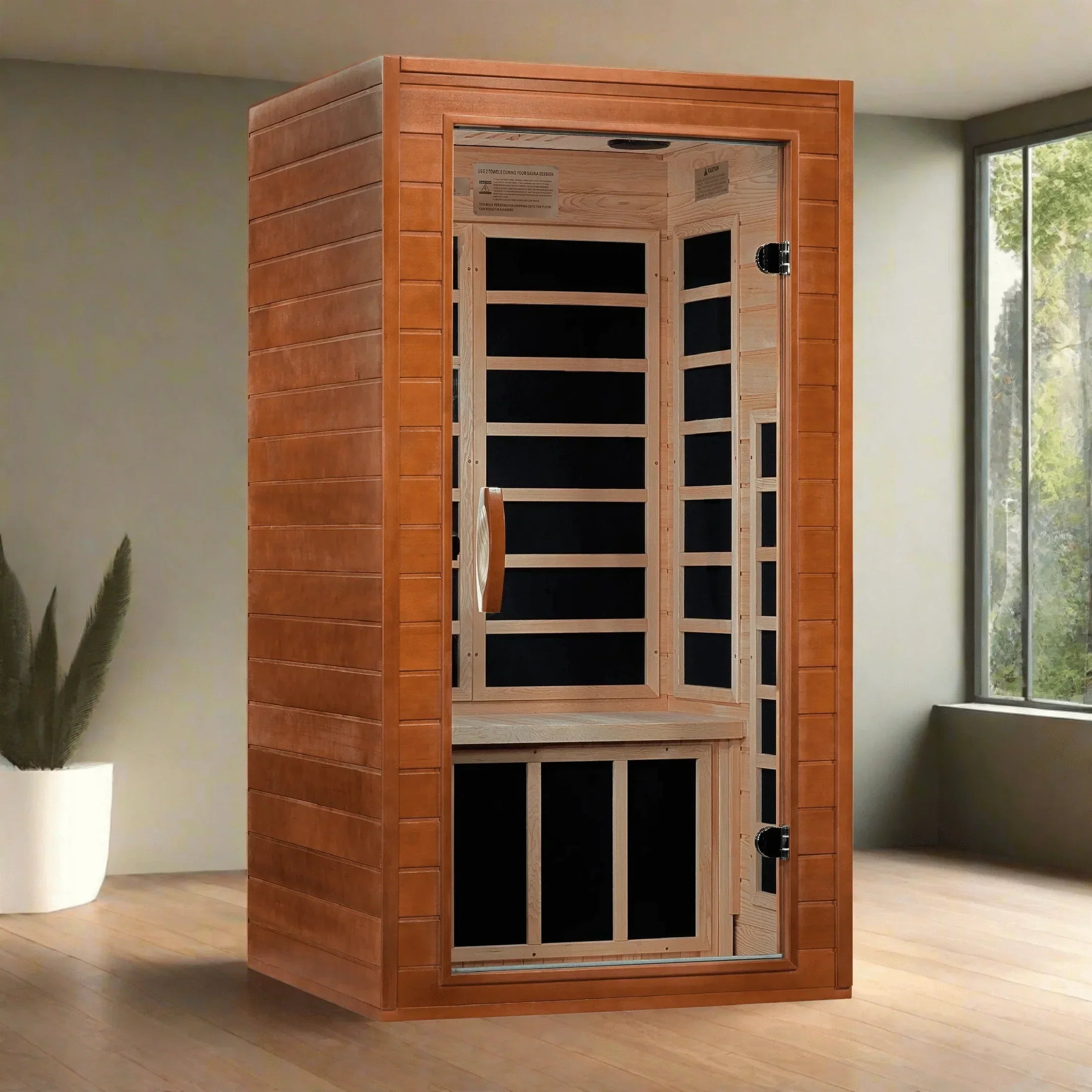 Compact indoor sauna cabin showing seating space and infrared heating panels in Dynamic Avila DYN-6103-01