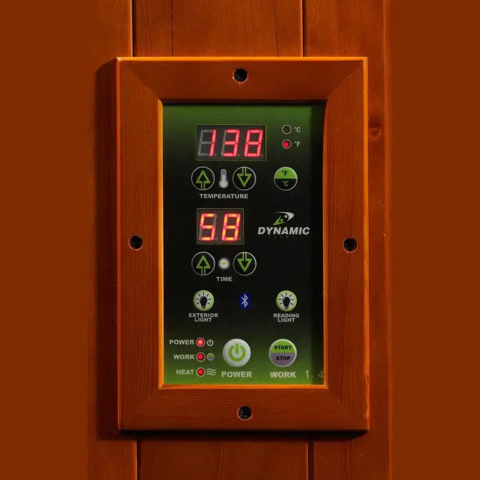 Dynamic Saunas Avila DYN-6103-01 infrared sauna for 1-2 persons featuring low EMF technology, durable Hemlock wood construction, and energy-efficient FAR infrared heat system