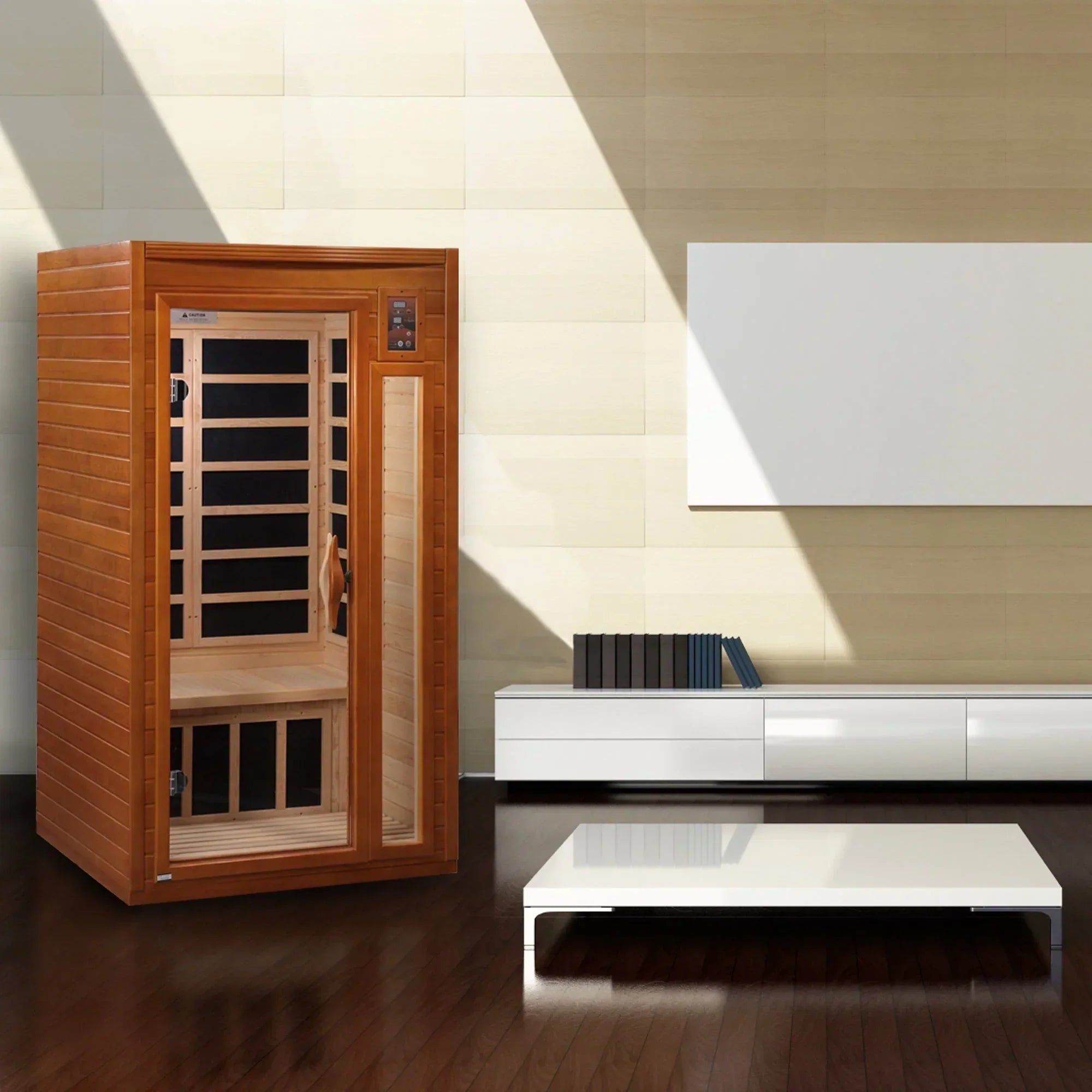 Dynamic Barcelona DYN-6106-01 compact 1–2 person FAR infrared sauna with low EMF heating panels and premium Canadian Hemlock wood interior for home wellness.