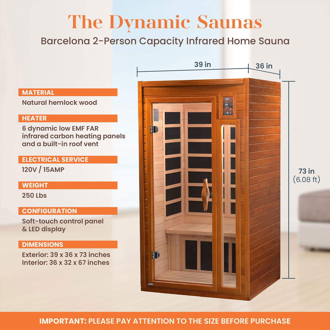Dynamic Barcelona Elite ultra low EMF FAR infrared sauna for 1–2 persons DYN-6106-01 with Canadian Hemlock wood Bluetooth speakers chromotherapy indoor spa cabin