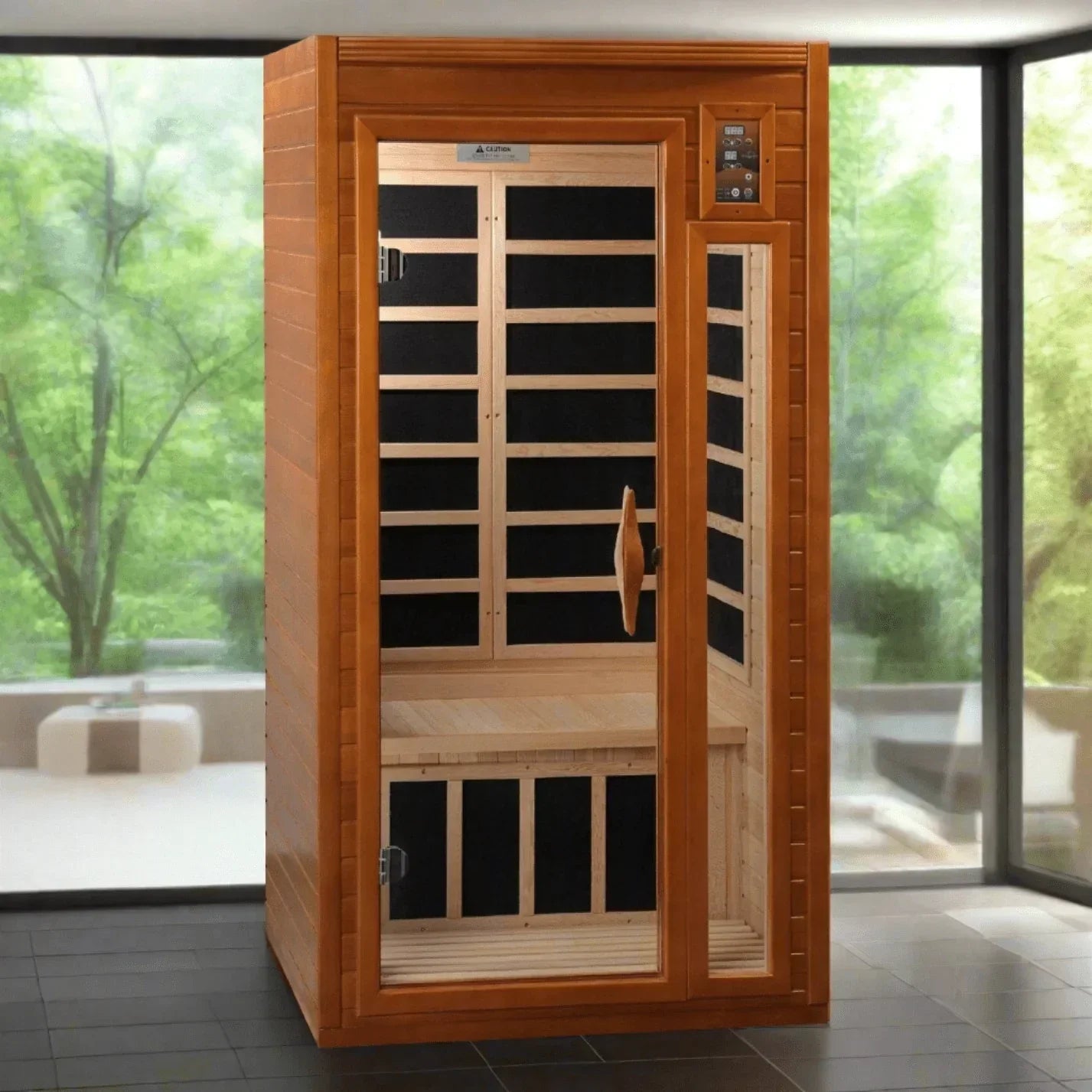 Dynamic Barcelona Elite 1-2 person FAR infrared sauna cabin ultra low EMF safe heating Canadian Hemlock wood Bluetooth audio system chromotherapy relaxation sauna