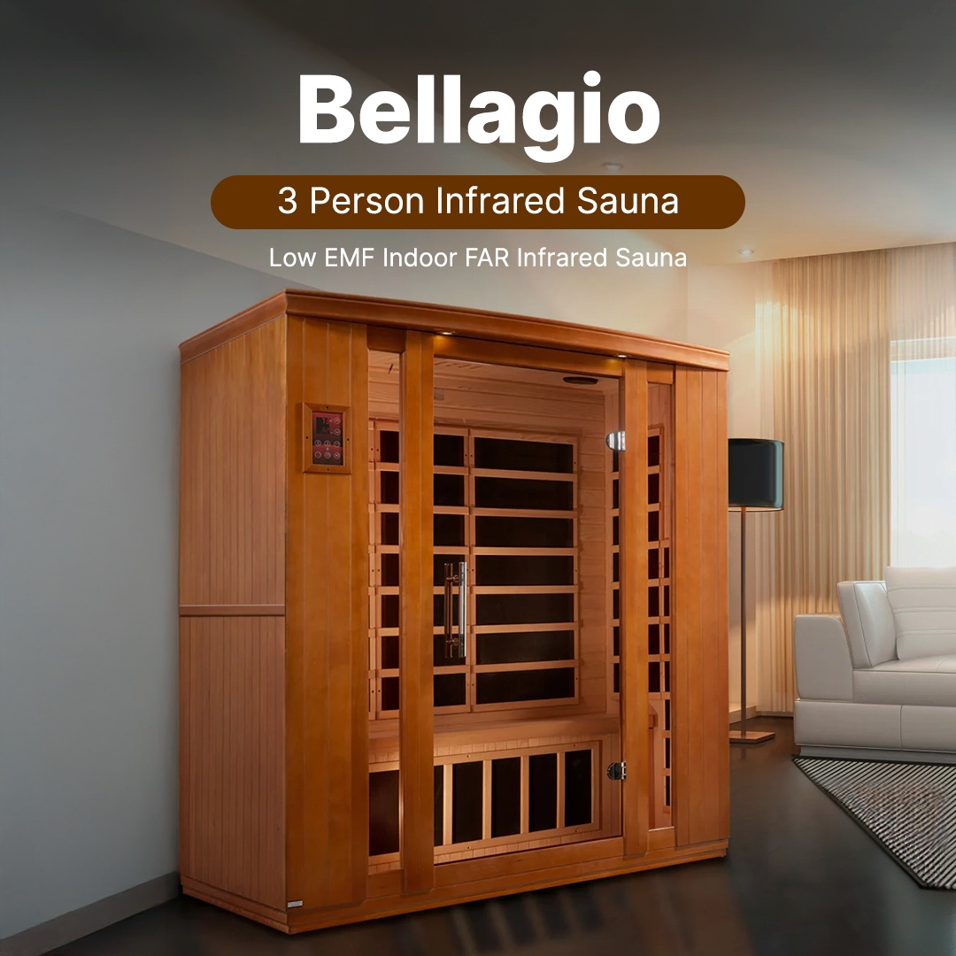 Dynamic Bellagio 3-person Low EMF FAR infrared sauna DYN-6306-02 with Canadian Hemlock wood and modern indoor spa design.