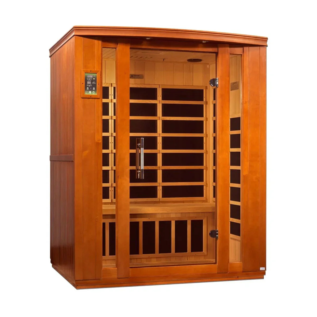 Dynamic Bellagio indoor infrared sauna for home use, featuring advanced FAR infrared technology, Bluetooth audio, and LED chromotherapy lights.