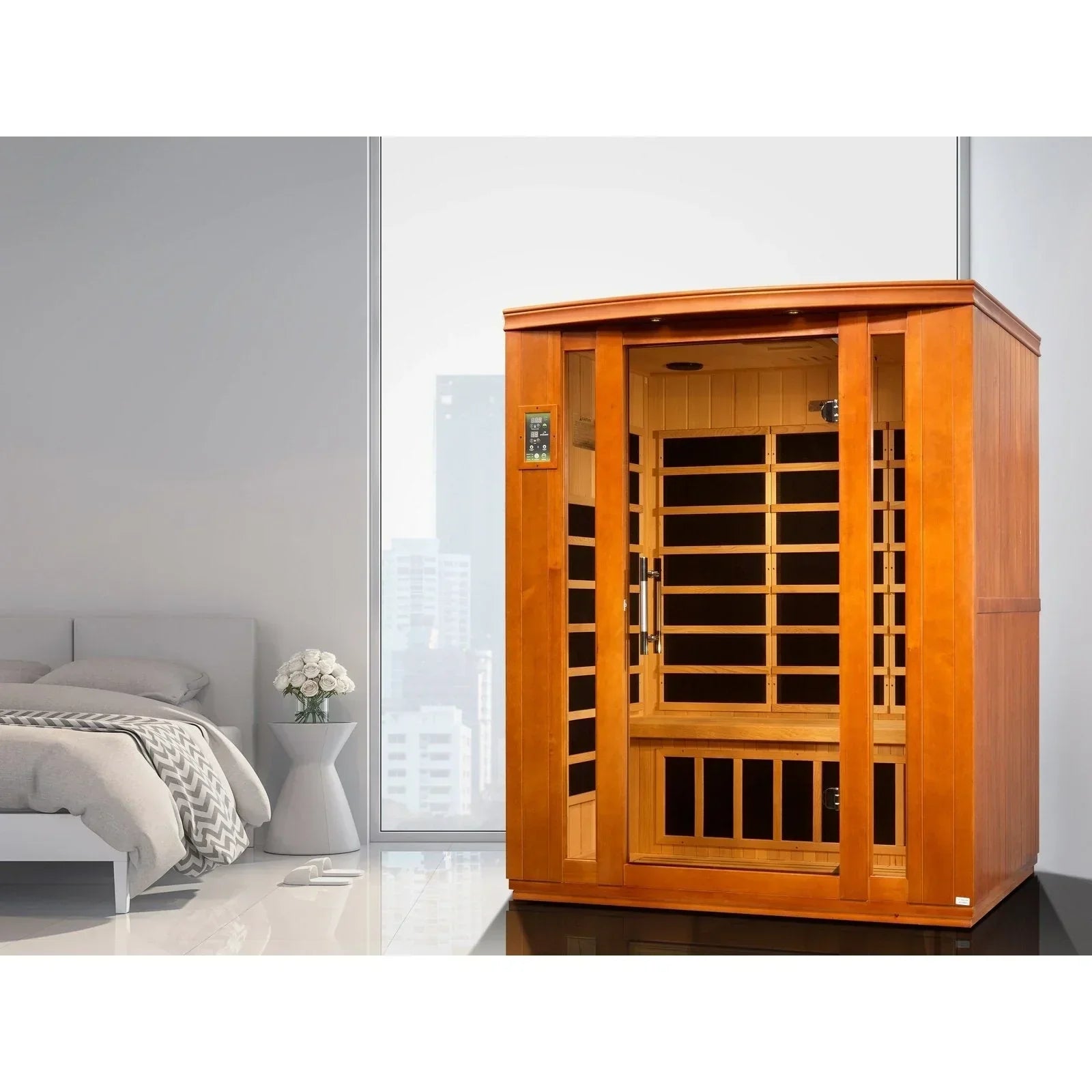 Dynamic Bellagio DYN-6306-02 infrared sauna cabin with advanced FAR infrared heating panels, designed for deep relaxation and improved circulation.