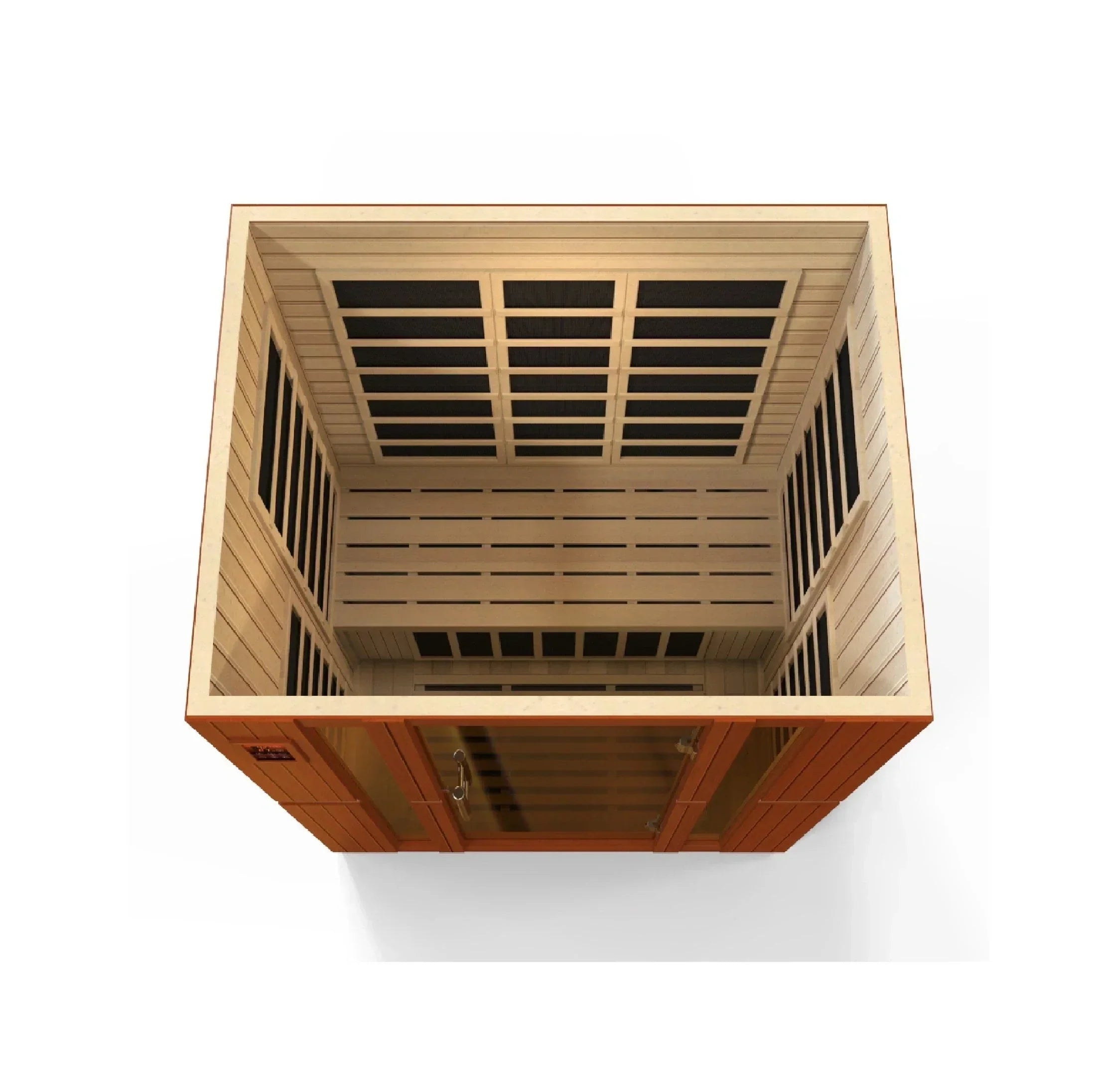 Dynamic Bellagio Low EMF Infrared Sauna 3-person capacity, built with sustainable Canadian Hemlock wood for premium indoor wellness comfort.