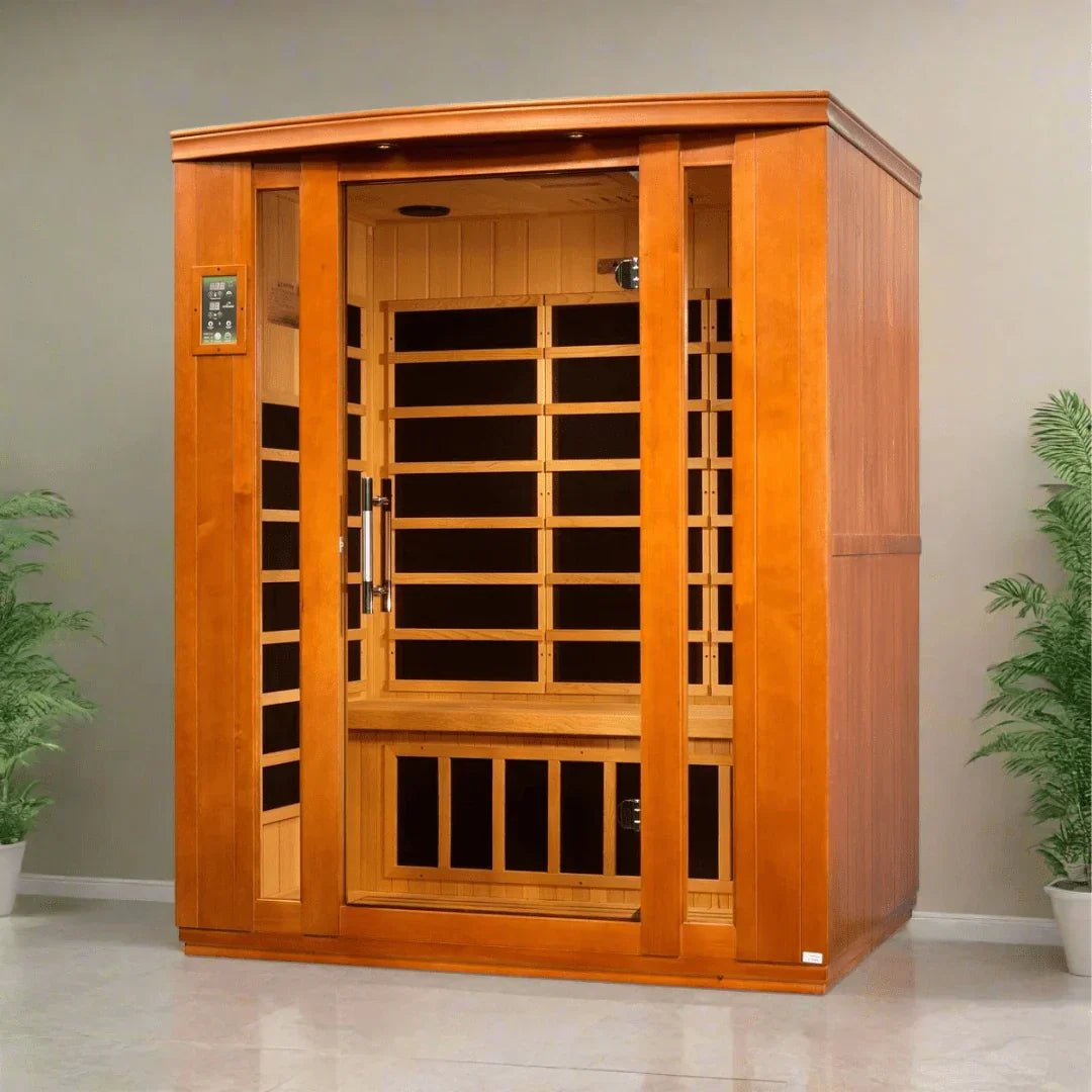 Compact Dynamic Bellagio 3-Person Sauna DYN-6306-02 with premium Canadian Hemlock construction, ideal for indoor spa relaxation and stress relief.