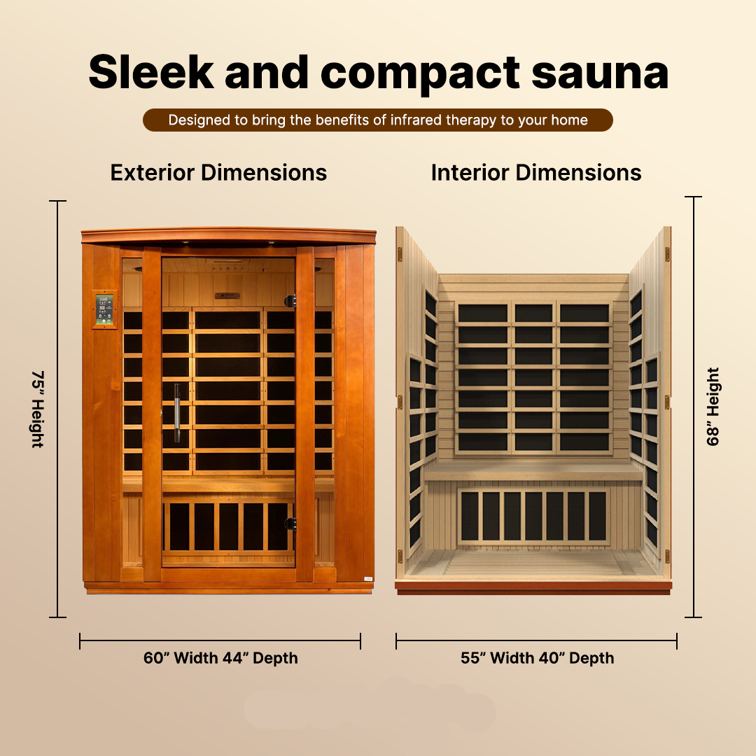 Dynamic Bellagio 3-Person Low EMF FAR Infrared Sauna DYN-6306-02 crafted with Canadian Hemlock wood, offering full-body relaxation with advanced infrared heat therapy.